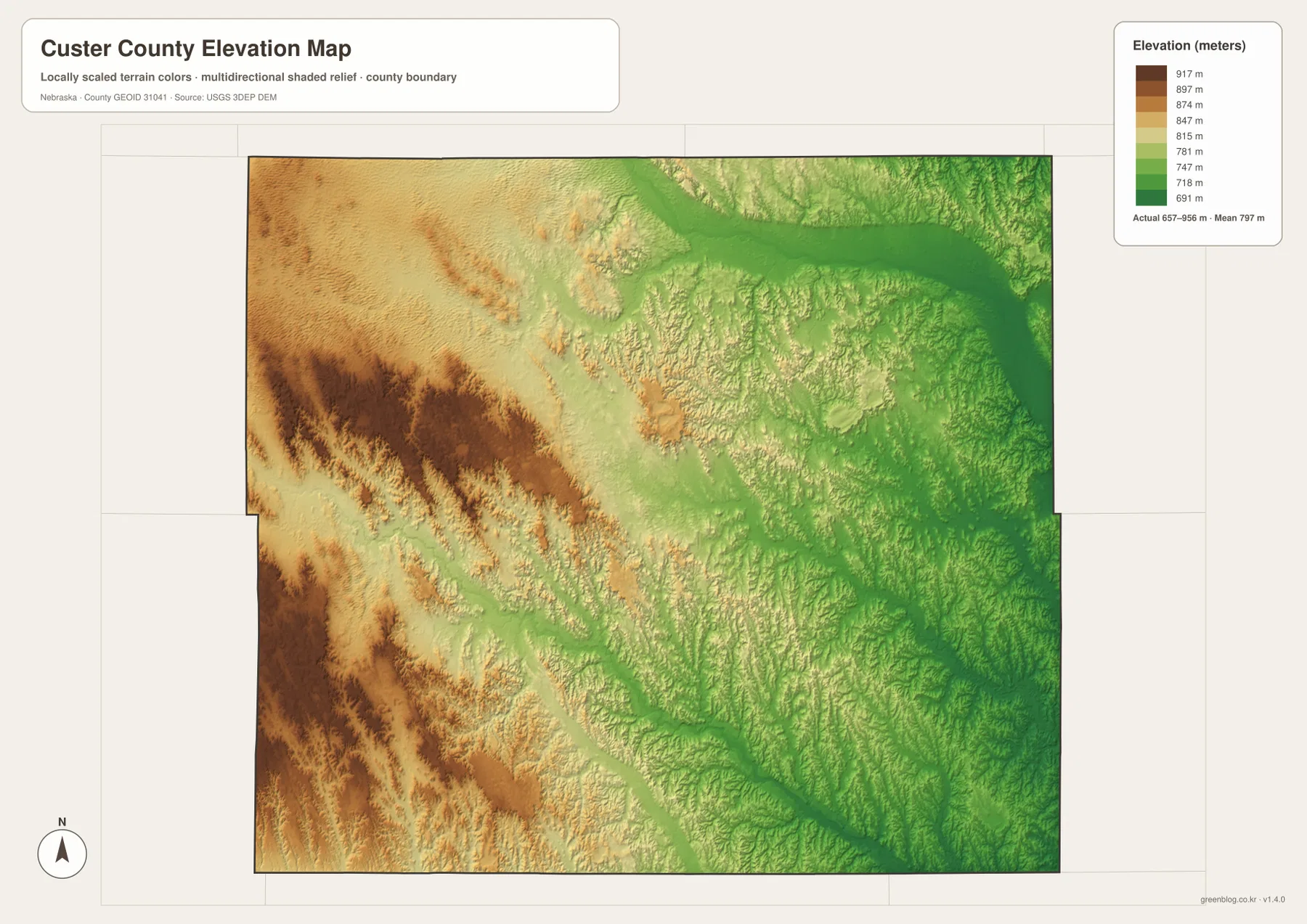 Custer County elevation map showing low eastern Loup River valleys and higher western and southwestern uplands