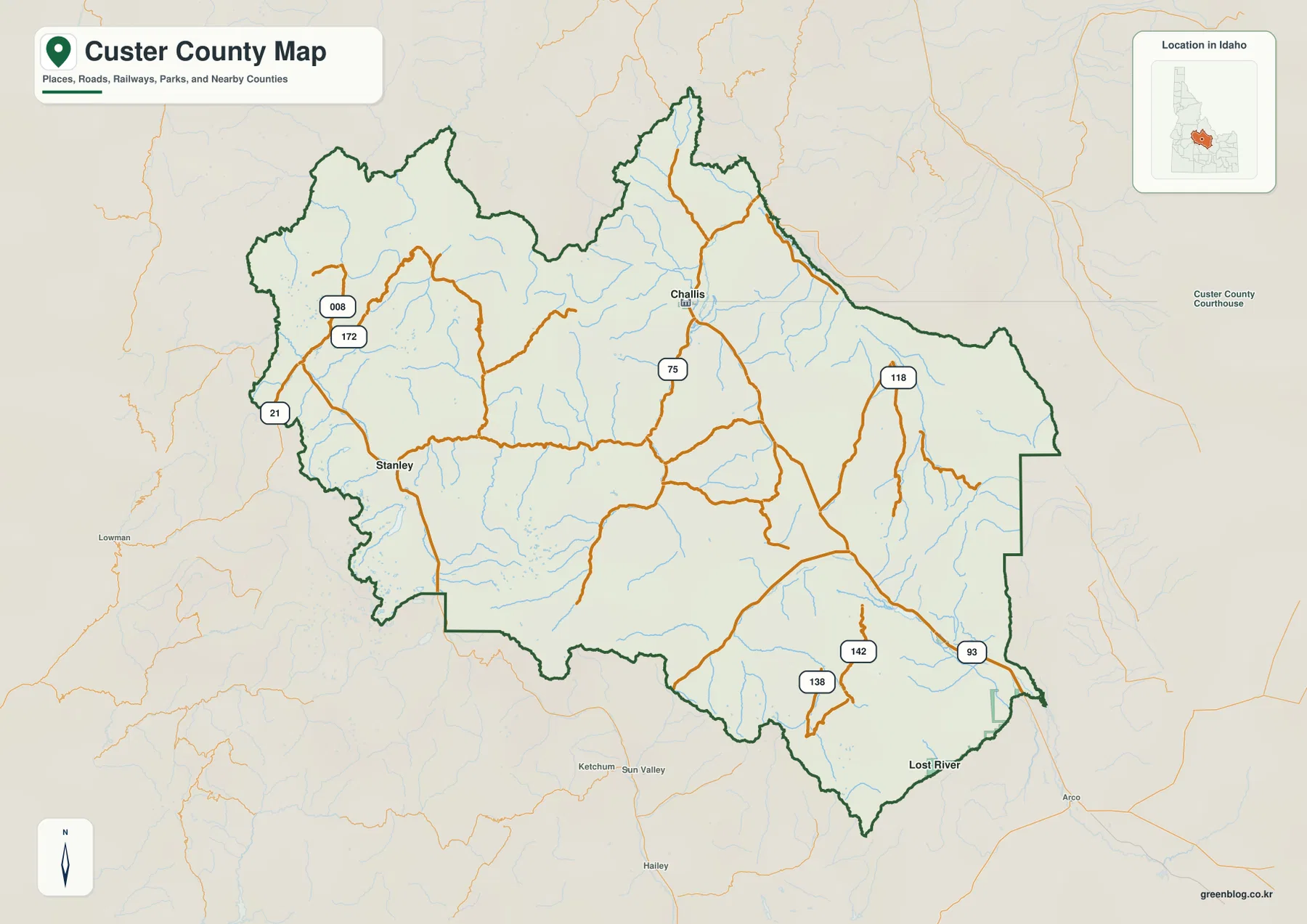 Custer County Idaho map showing Challis, Stanley, Lost River, US 93 and Idaho 75