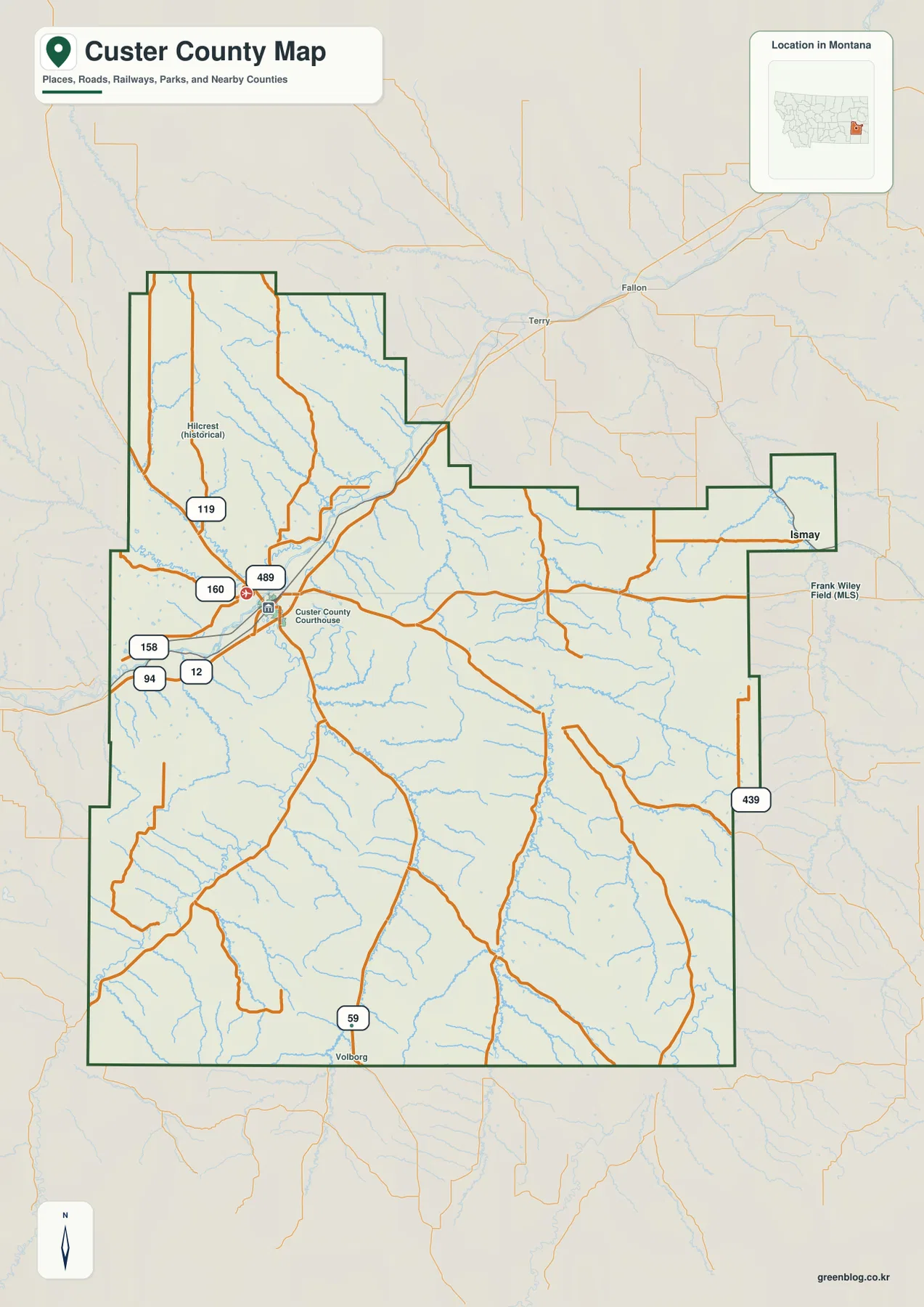 Miles City, Ismay, I-94, U.S. 12와 주요 도로를 표시한 몬태나주 Custer County 지도