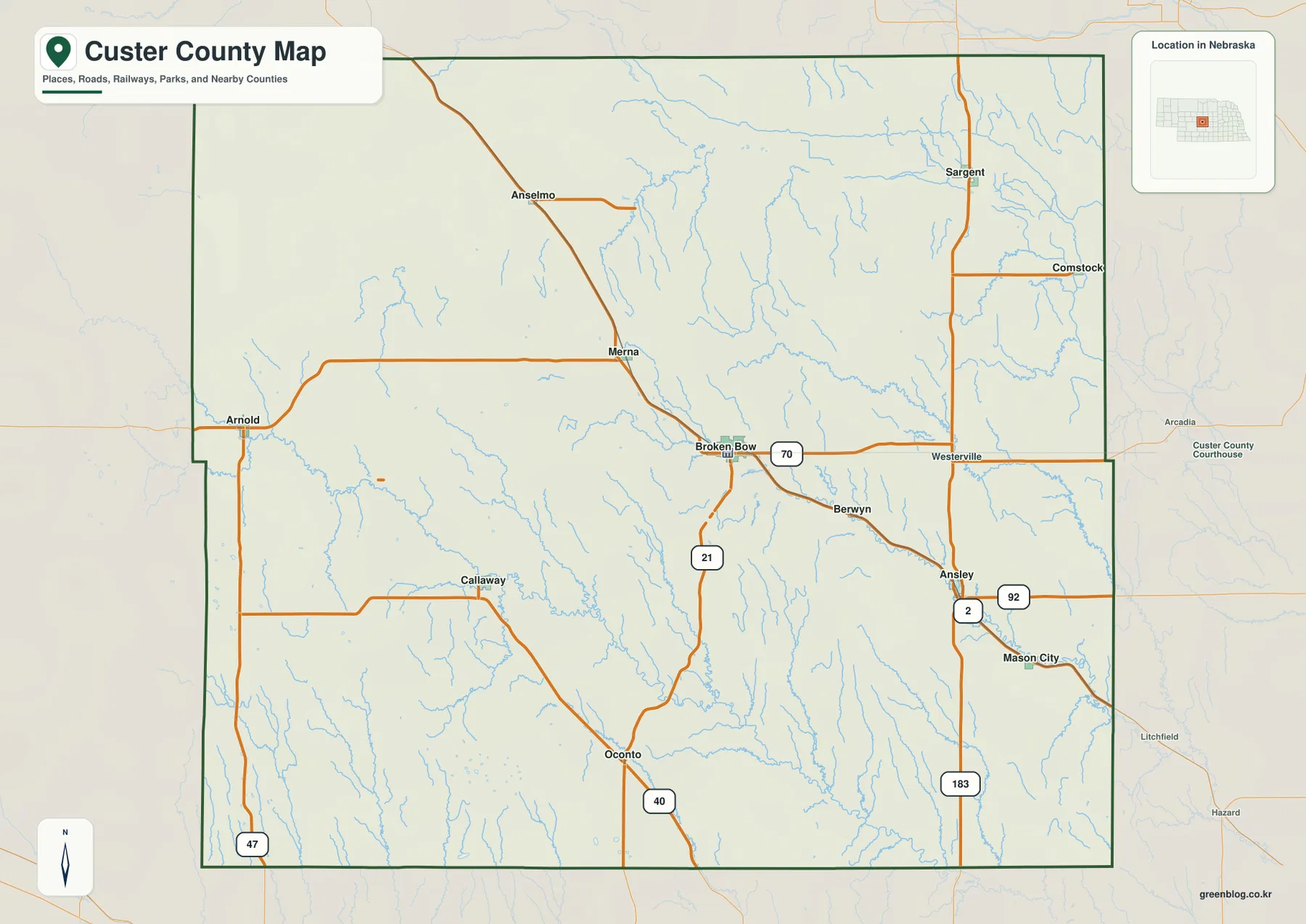Custer County Nebraska map showing Broken Bow, Arnold, Callaway, Ansley, Sargent, Merna, highways, railways, streams, and county boundaries