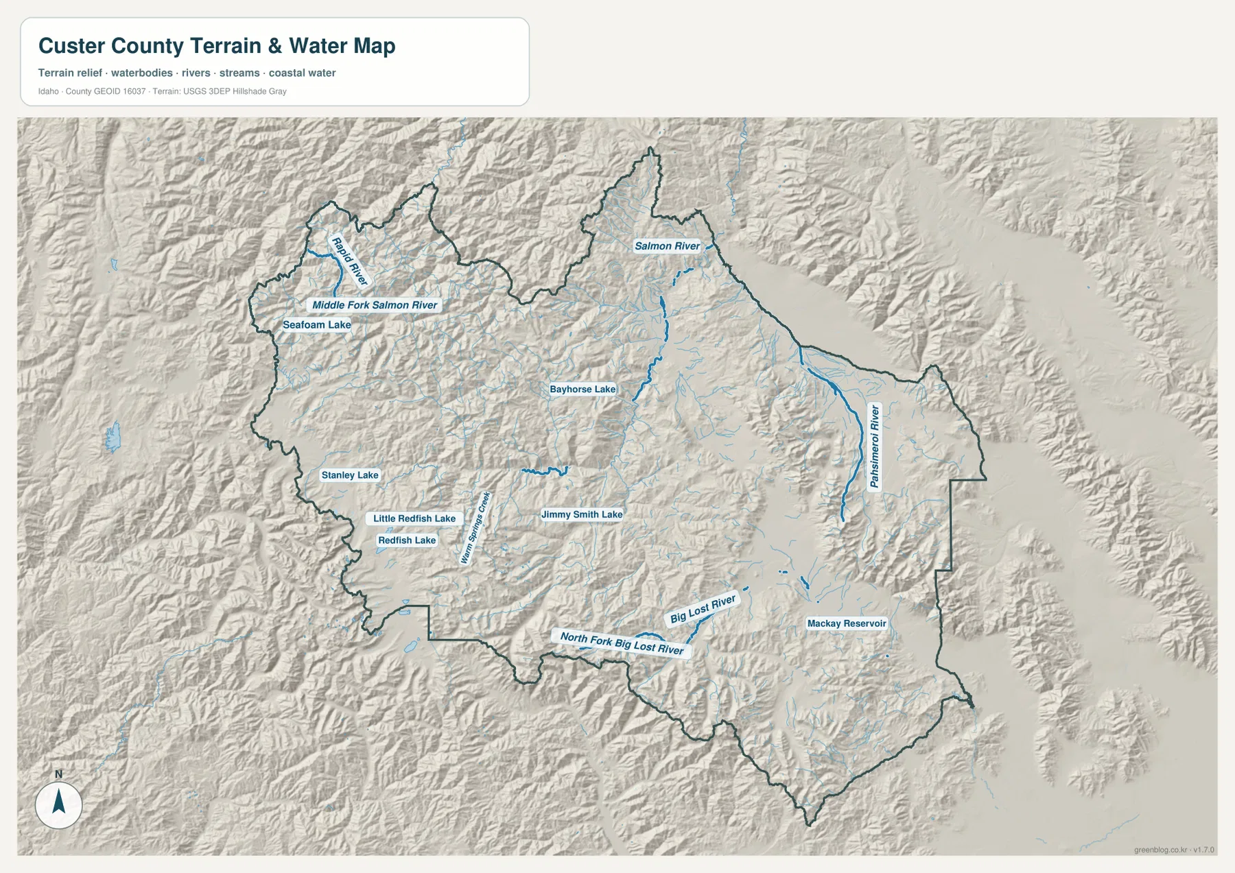Custer County terrain and water map showing Salmon River, Middle Fork Salmon River, Redfish Lake, Big Lost River and Mackay Reservoir
