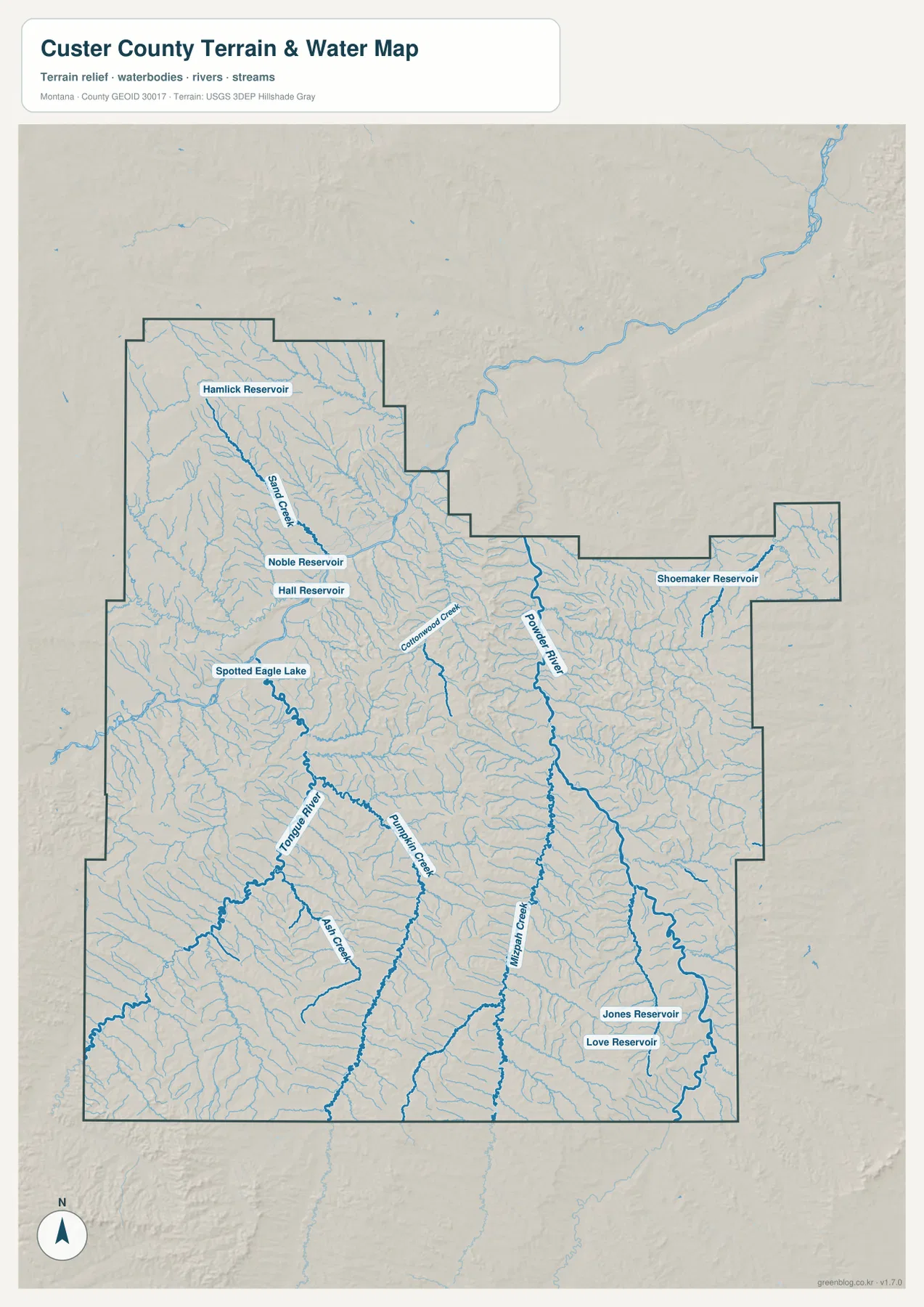 Tongue River, Powder River, Mizpah Creek, Sand Creek와 여러 저수지를 표시한 Custer County 수역 지형 지도