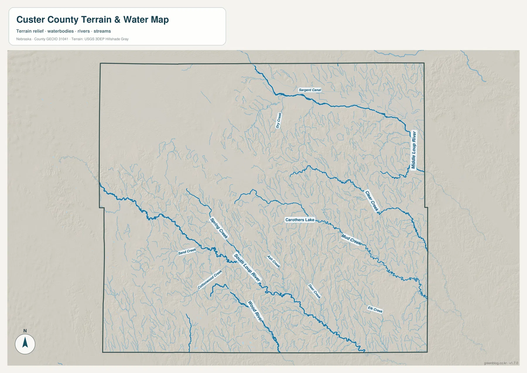Custer County water map showing Middle Loup River, South Loup River, Sargent Canal, Clear Creek, Mud Creek, Wood River, and tributaries