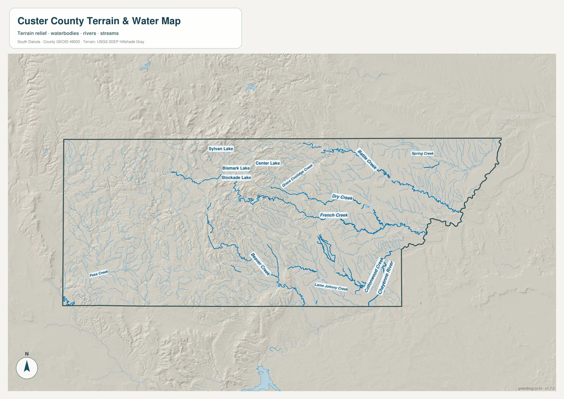 Sylvan Lake, Center Lake, Bismarck Lake, Stockade Lake, French Creek, Battle Creek, Grace Coolidge Creek가 표시된 커스터 카운티 수역 지도