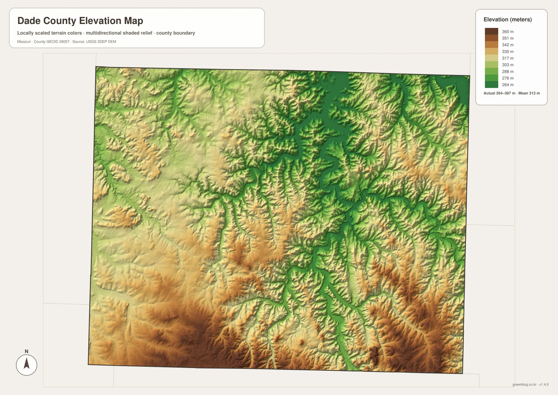 Dade County Missouri elevation map