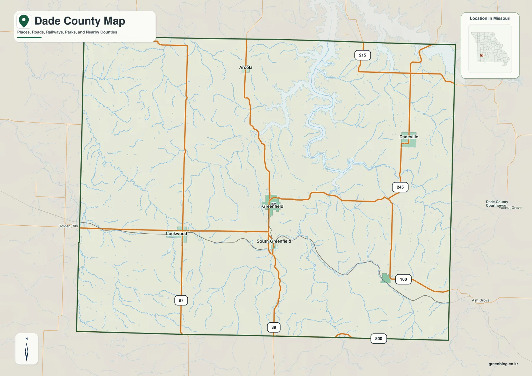 Dade County Missouri roads and communities map