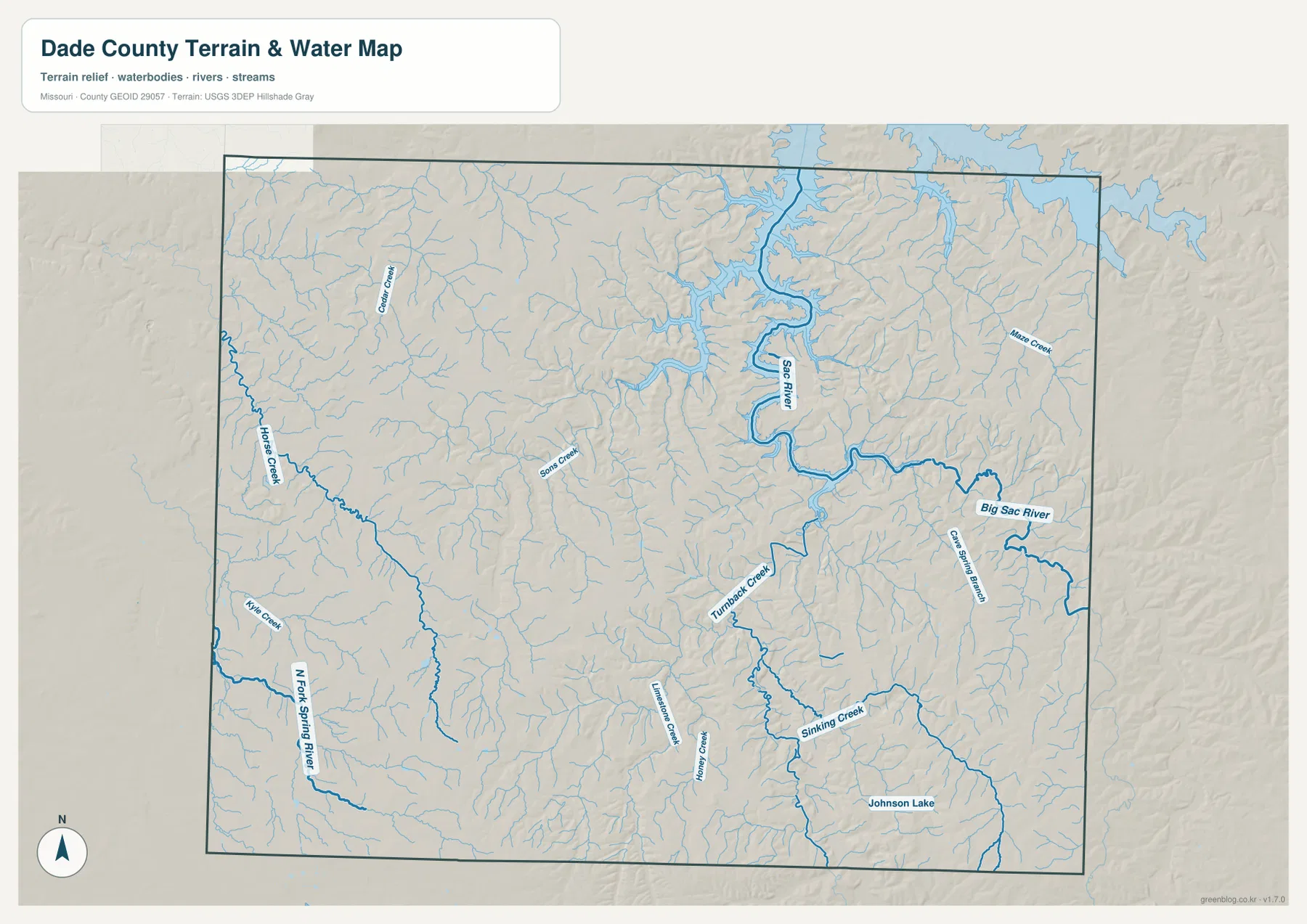 Dade County Missouri terrain and water map
