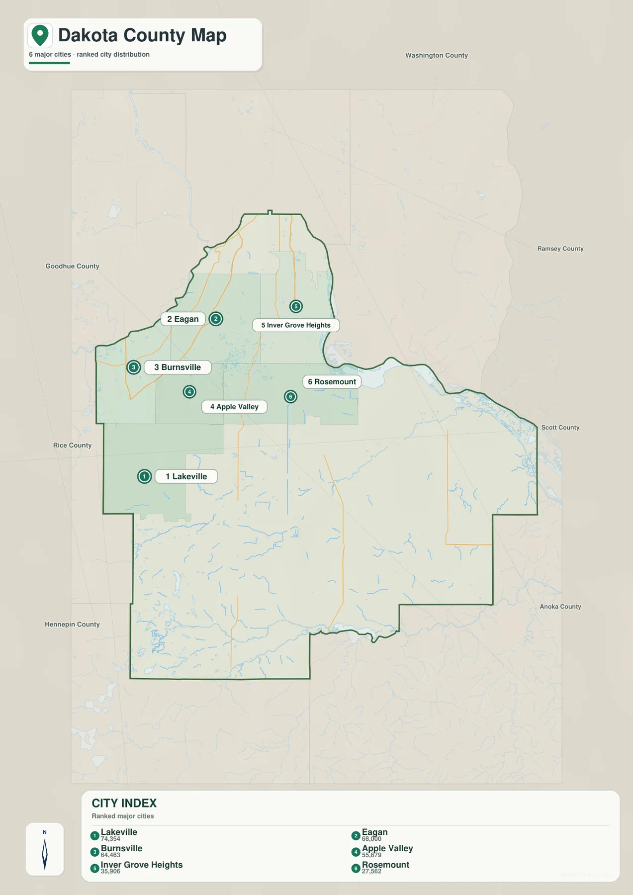 Dakota County city map highlighting Lakeville, Eagan, Burnsville, Apple Valley, Inver Grove Heights, and Rosemount
