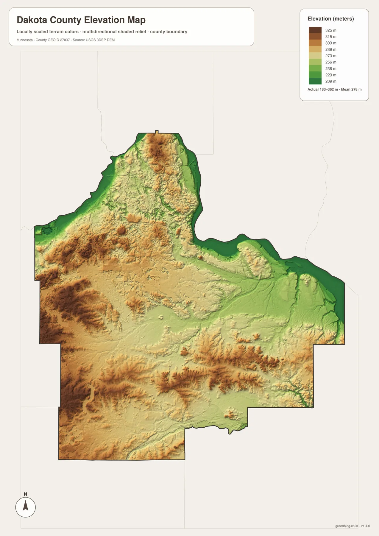 Dakota County elevation map showing roughly 183 to 362 meters of relief, higher western and northern terrain, and lower river valleys