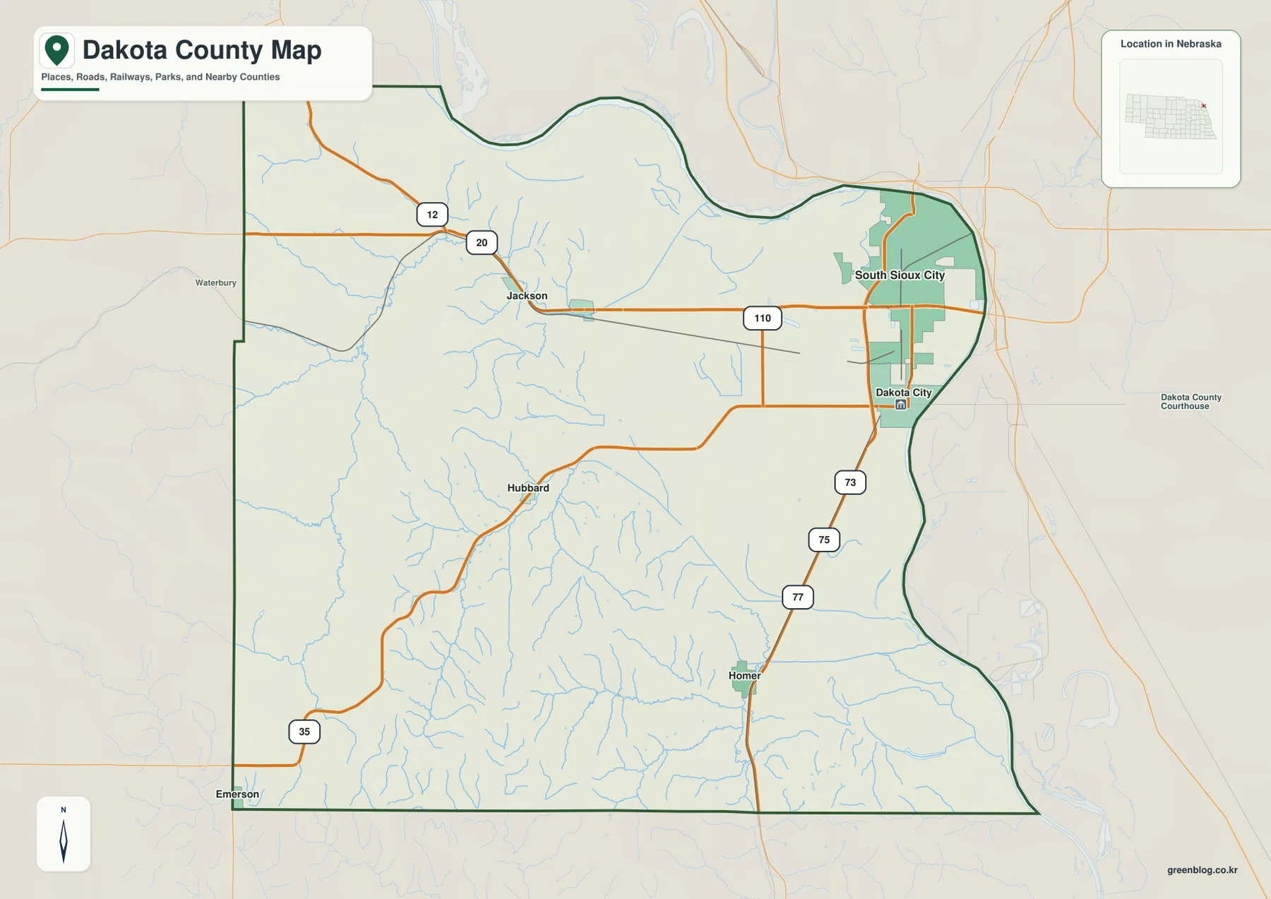 South Sioux City, Dakota City, Jackson, Hubbard, Homer, Emerson과 주요 도로를 보여 주는 Dakota County 지도