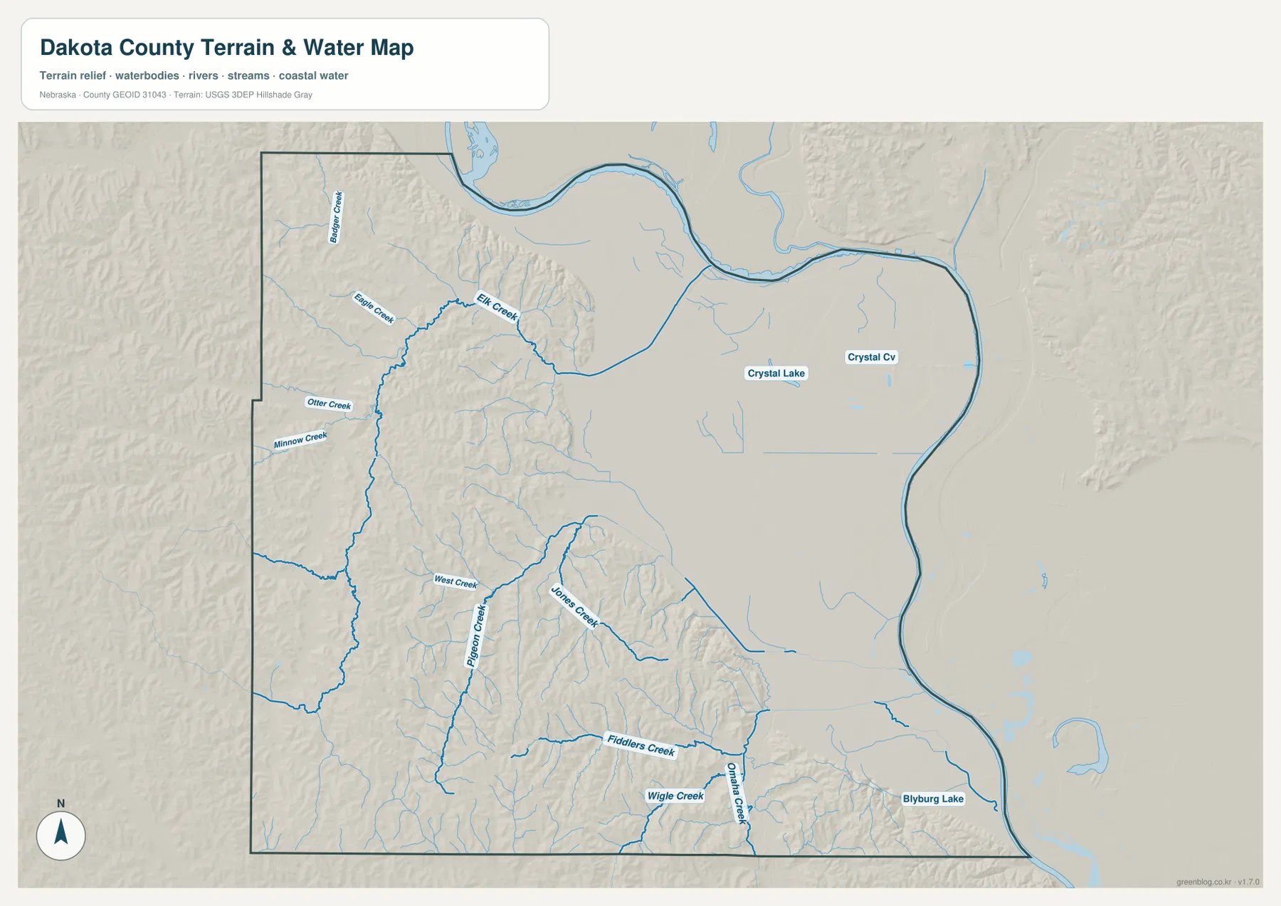 Missouri River 경계, Elk Creek, Eagle Creek, Pigeon Creek, Jones Creek, Omaha Creek와 주요 호수를 보여 주는 Dakota County 수역 지도