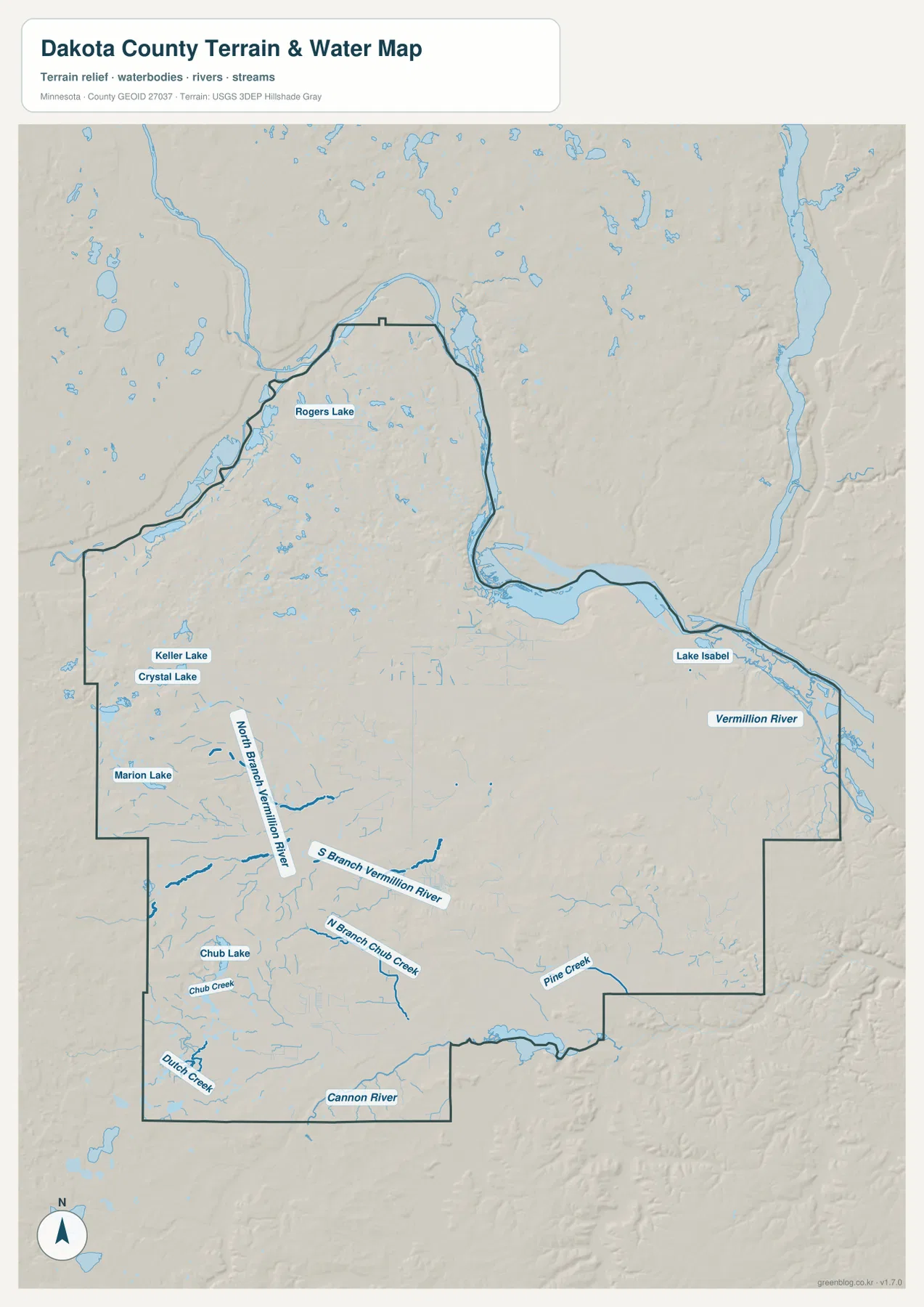 Dakota County water map showing the Vermillion River, its north and south branches, Cannon River, Chub Creek, Pine Creek, and named lakes