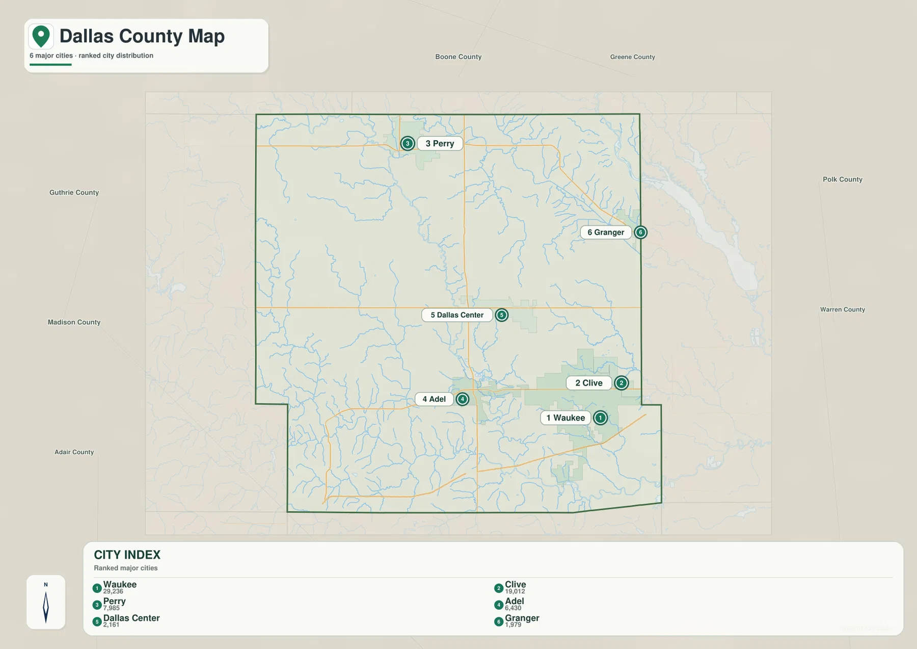 Dallas County Iowa city map of Waukee Clive Perry Adel Dallas Center and Granger