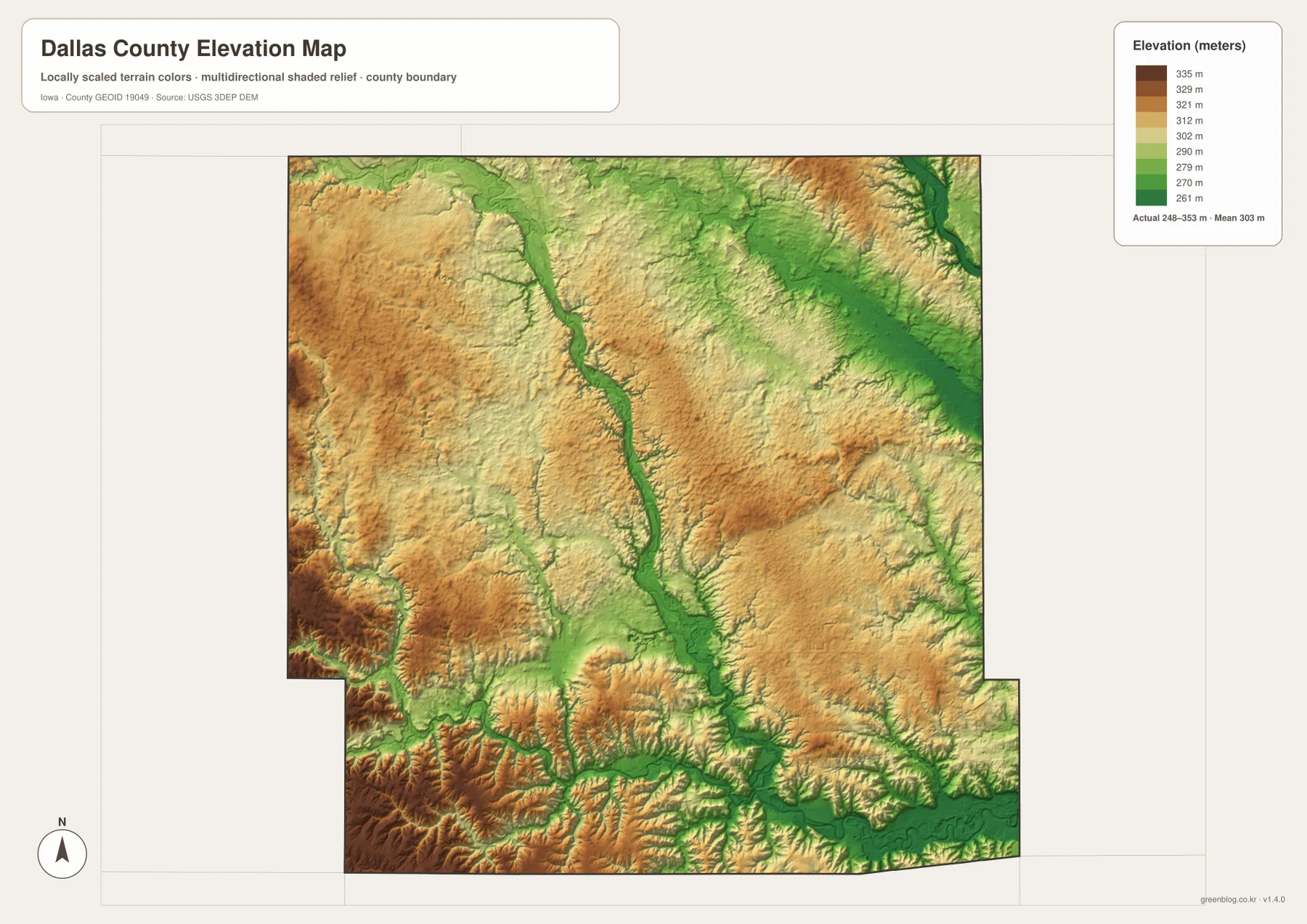 Dallas County Iowa elevation map 248 to 353 meters showing Raccoon River valleys