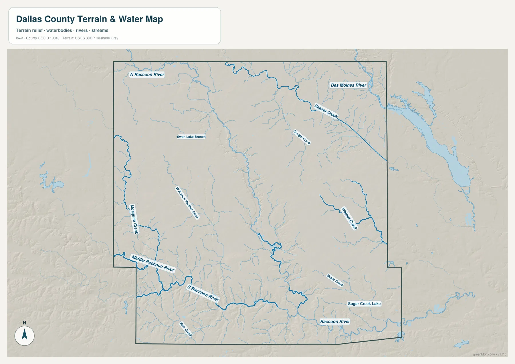 Dallas County Iowa water map with North Middle South Raccoon River and Des Moines River