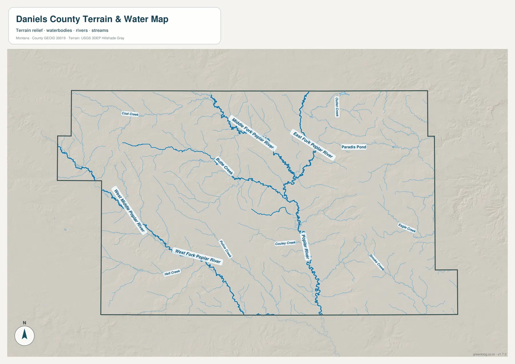 Poplar River, Middle Fork, East Fork, West Fork, Butte Creek와 Paradise Pond를 표시한 Daniels County 수역 지형 지도