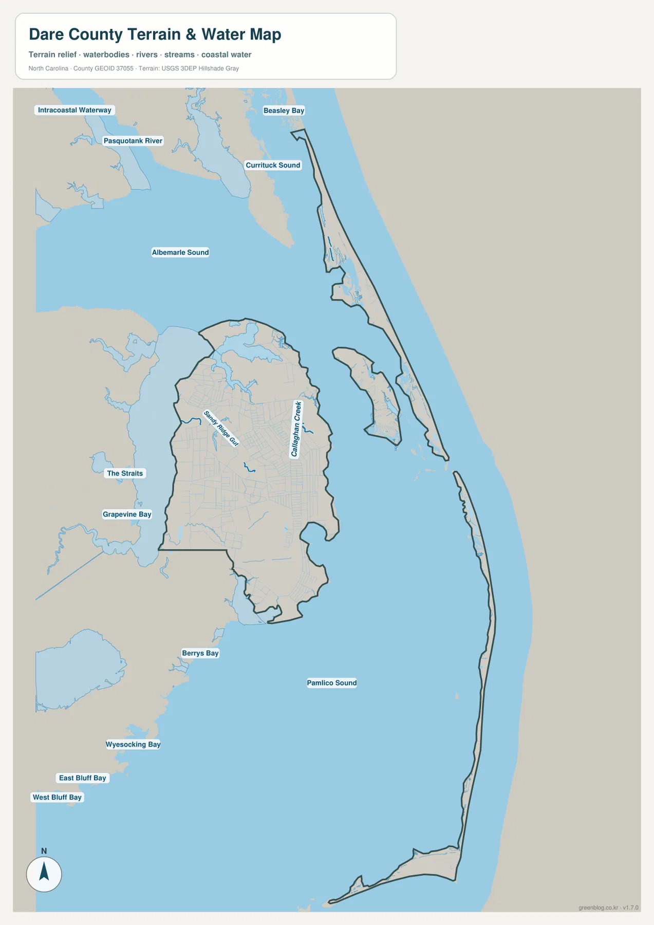 데어 카운티 수역 지도 Albemarle Sound Pamlico Sound Currituck Sound와 주변 만 수로