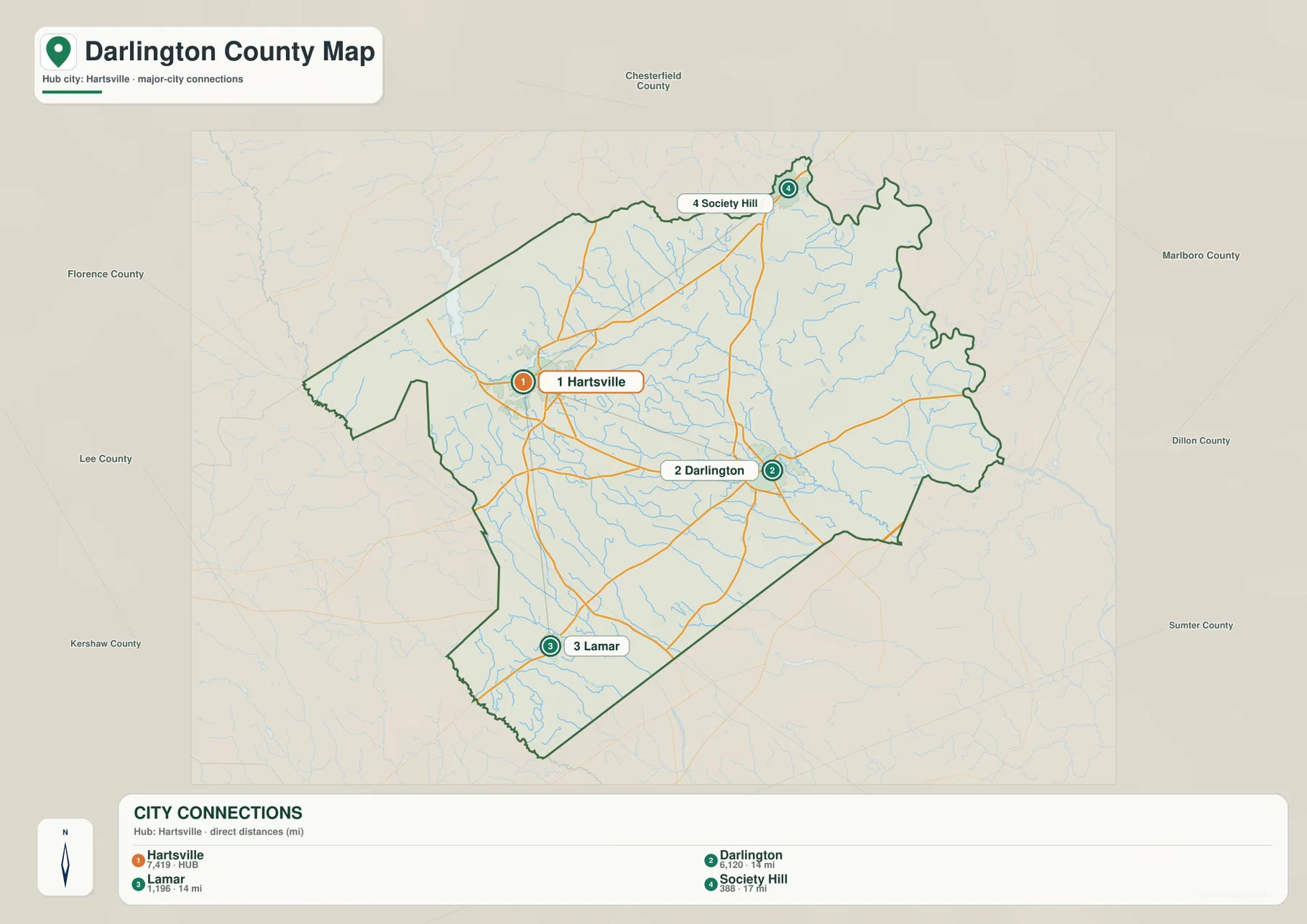 Darlington County city map showing Hartsville, Darlington, Lamar and Society Hill with direct-distance references