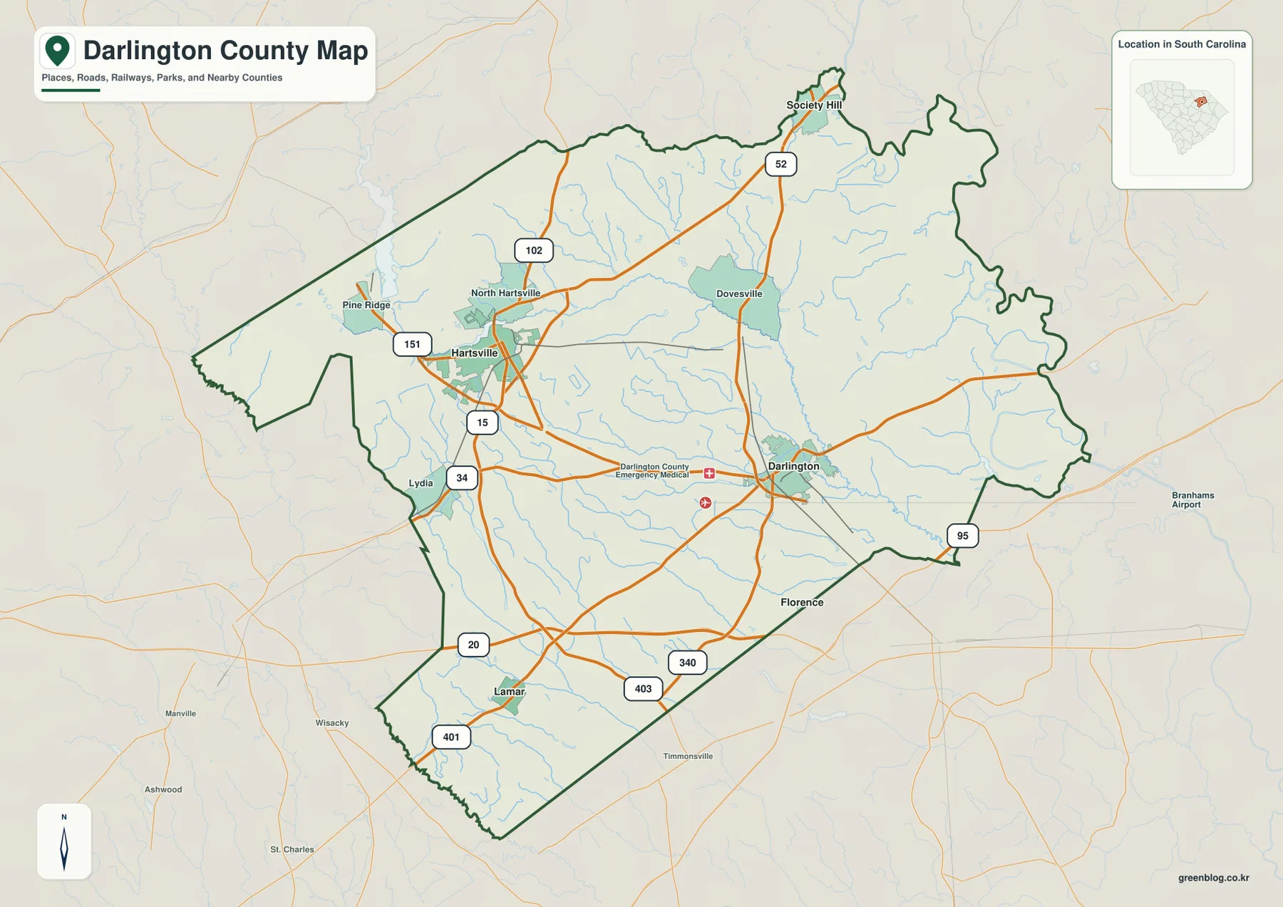 Darlington County map showing Hartsville, Darlington, Lamar, Society Hill and major numbered roads