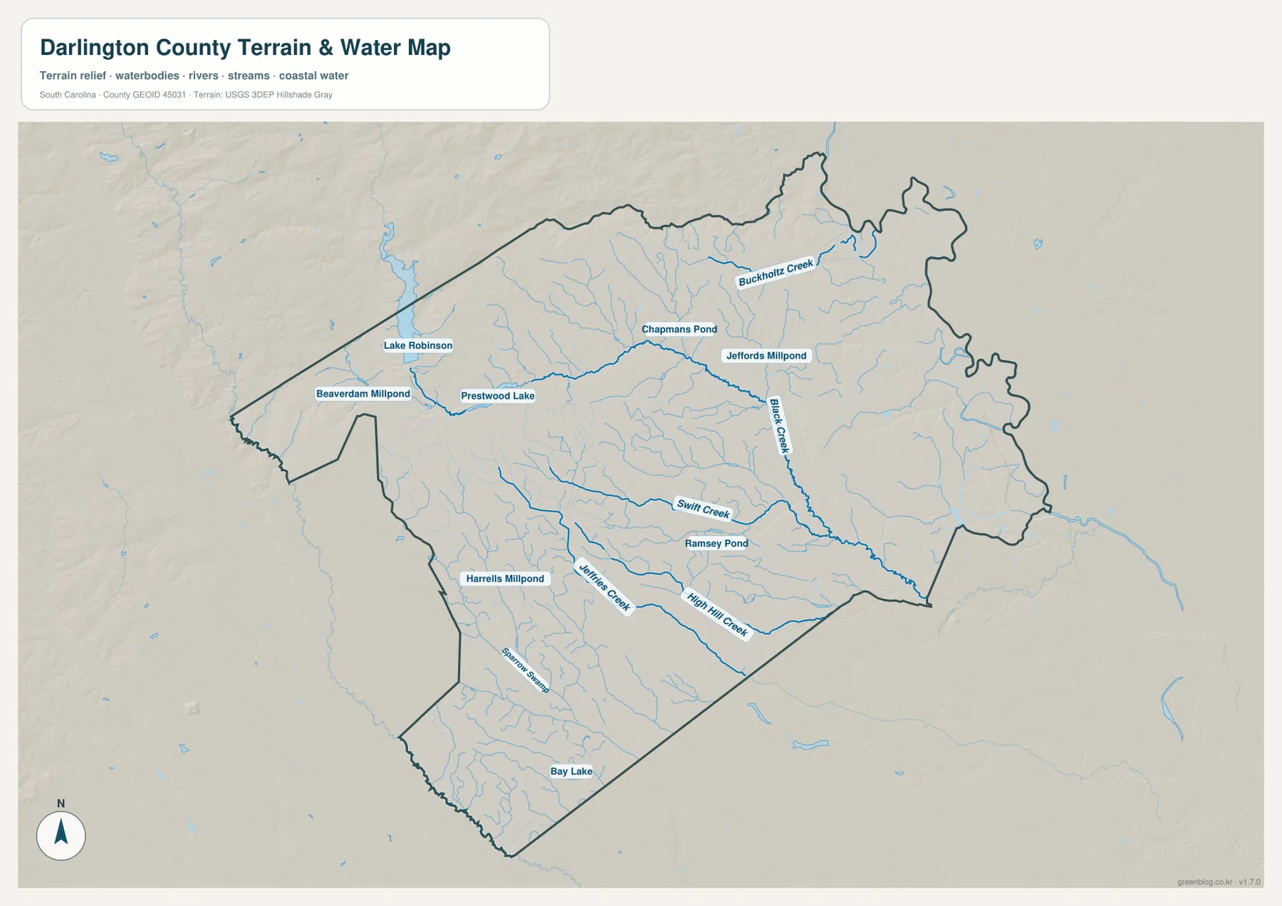 Darlington County terrain and water map showing Black Creek, Buckholtz Creek, Swift Creek, Jeffries Creek, Lake Robinson, Prestwood Lake, and ponds