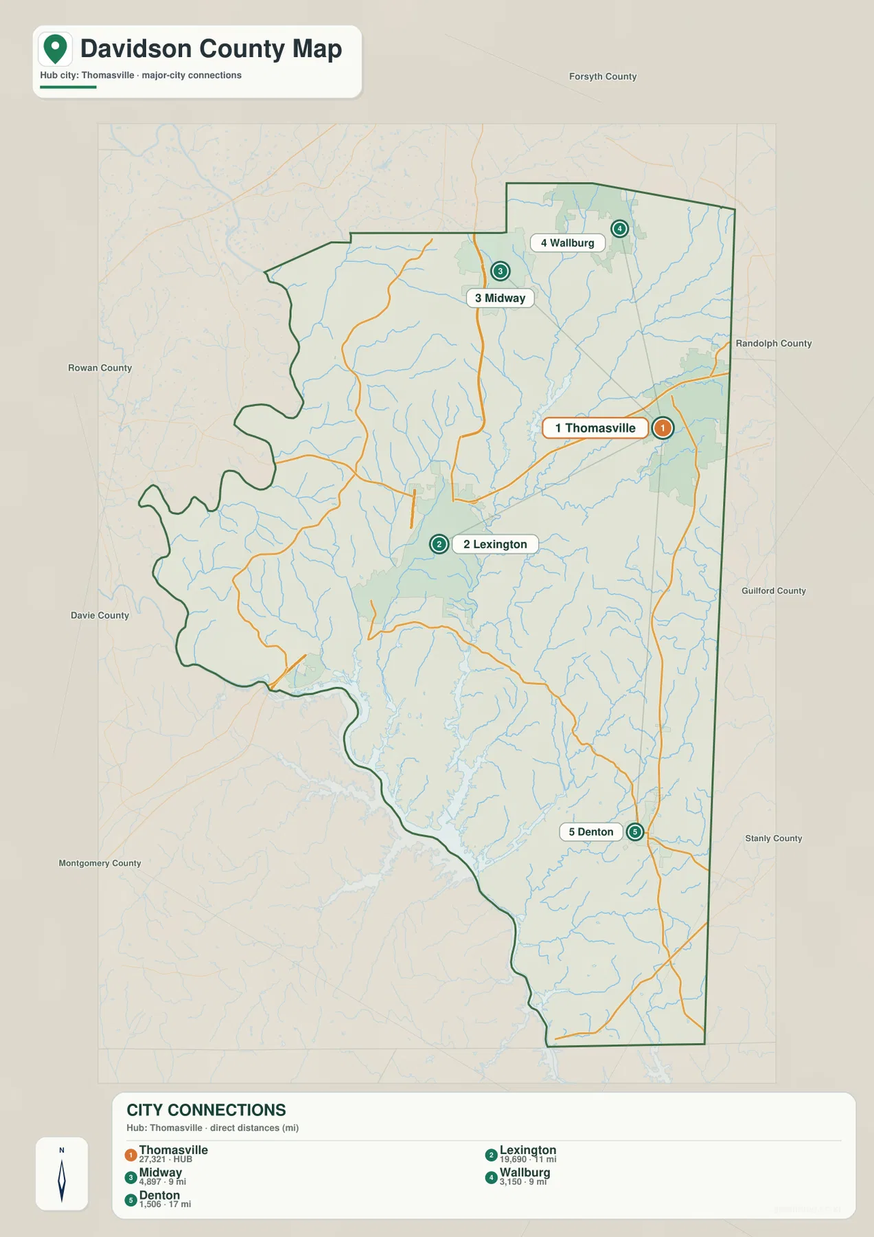 Davidson County city map with Thomasville Lexington Midway Wallburg and Denton