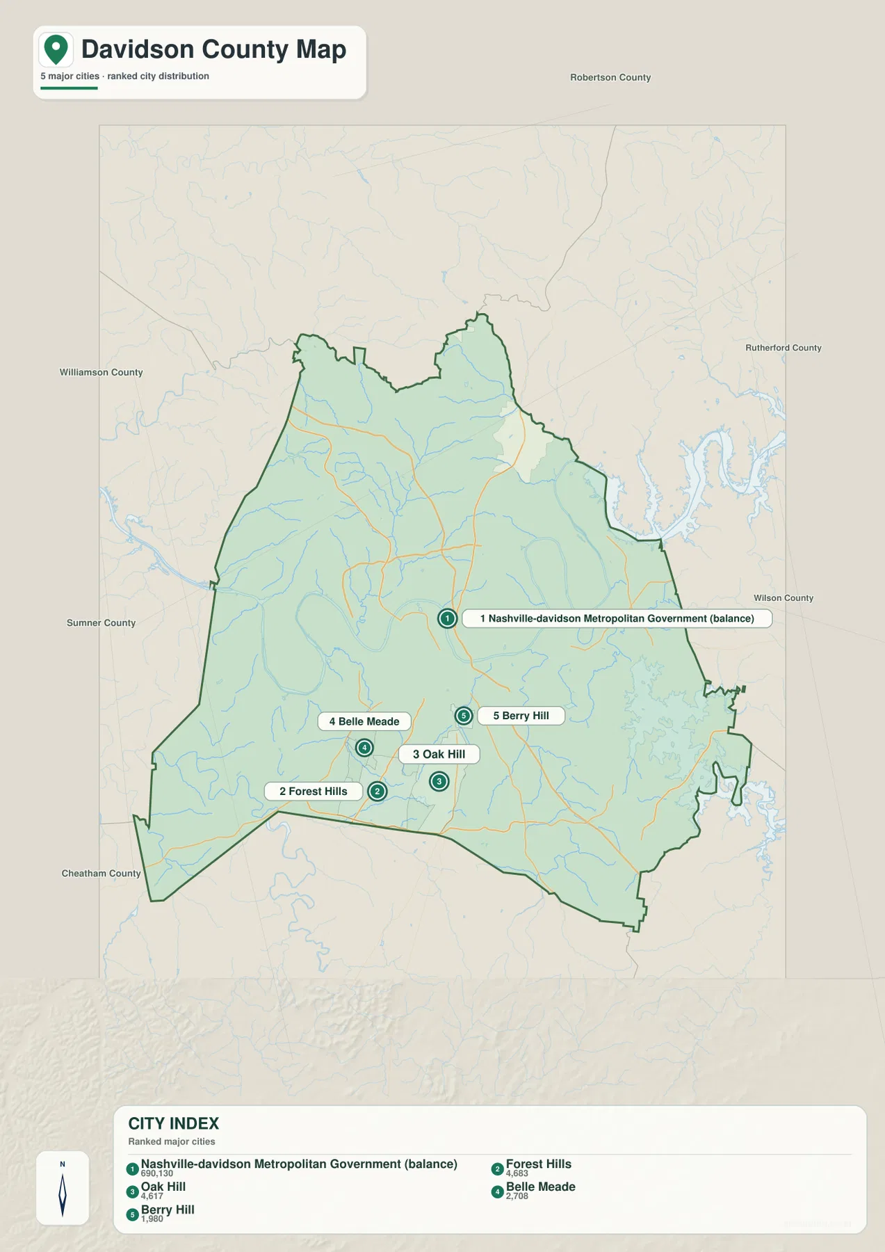 Nashville과 Forest Hills, Oak Hill, Belle Meade, Berry Hill의 위치를 비교하는 데이비드슨 카운티 도시 지도