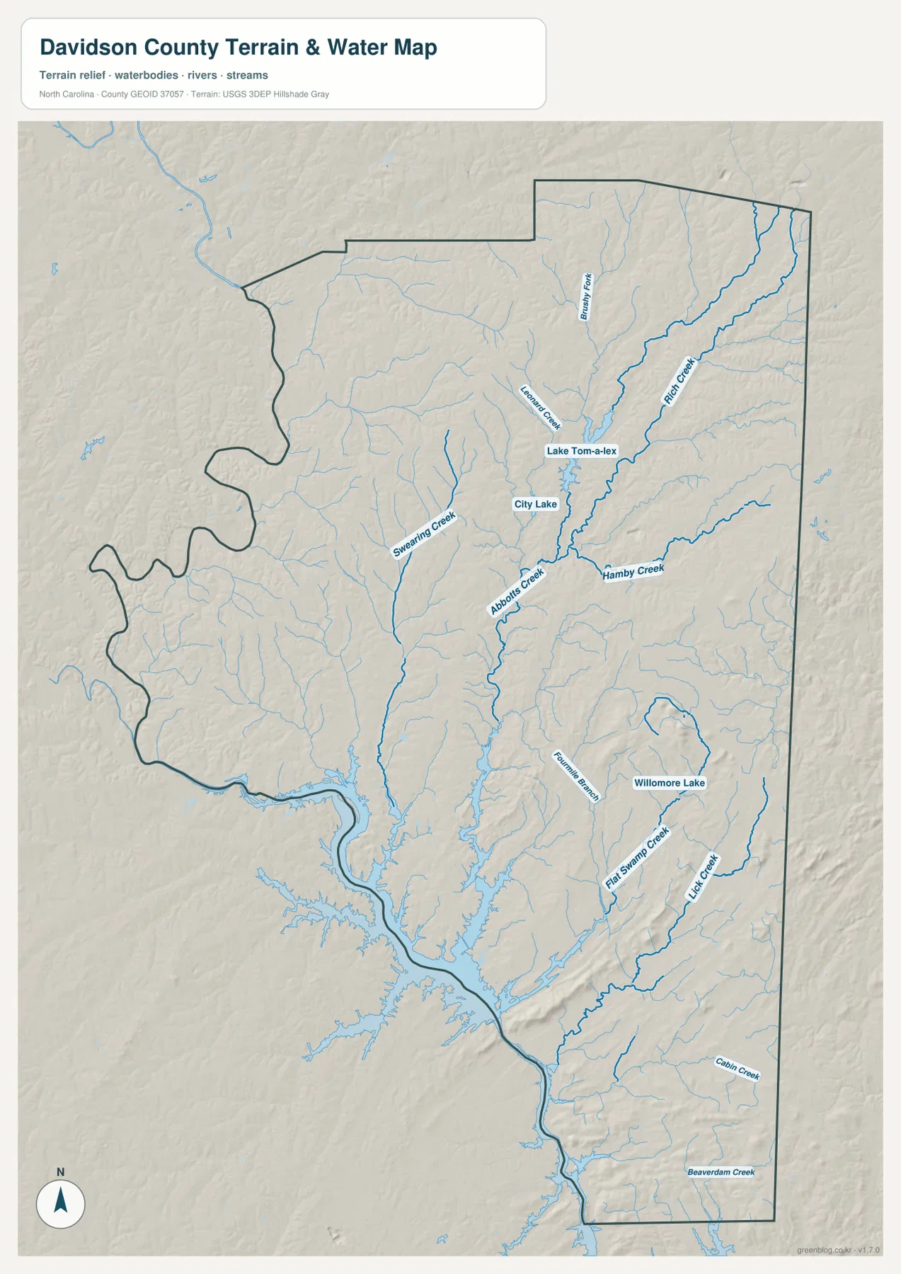 Davidson County water map showing Lake Thom-A-Lex City Lake Abbotts Creek Rich Fork Creek and reservoir shoreline