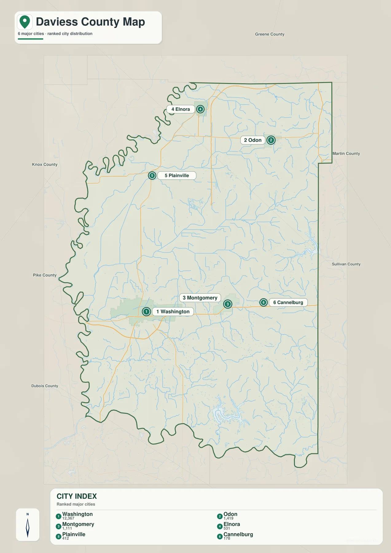 Daviess County city distribution map ranking Washington, Odon, Montgomery, Elnora, Plainville, and Cannelburg