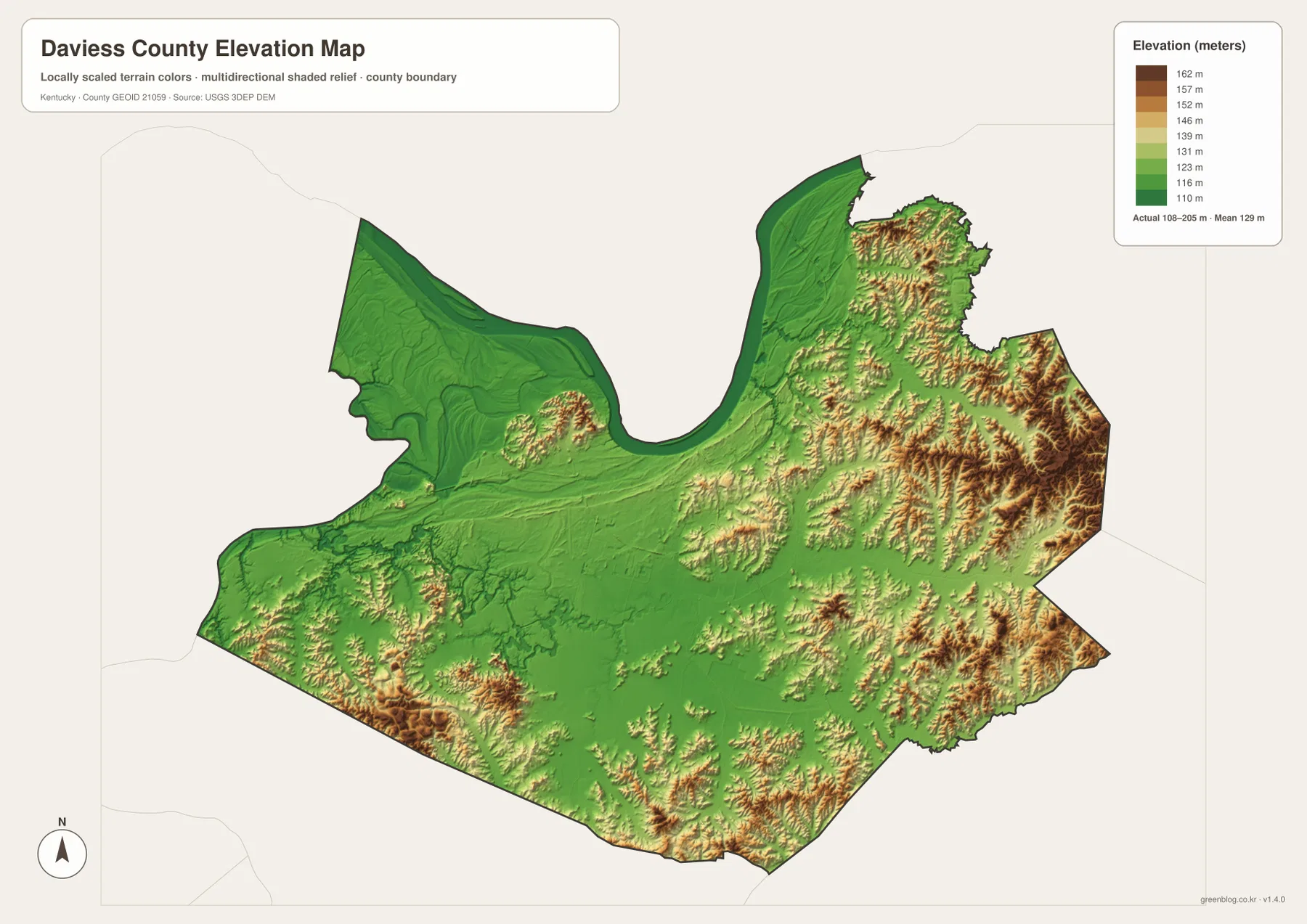 Daviess County elevation map showing an actual range of 108 to 205 meters, a mean of 129 meters, low Ohio River terrain, and higher eastern and southeastern ridges