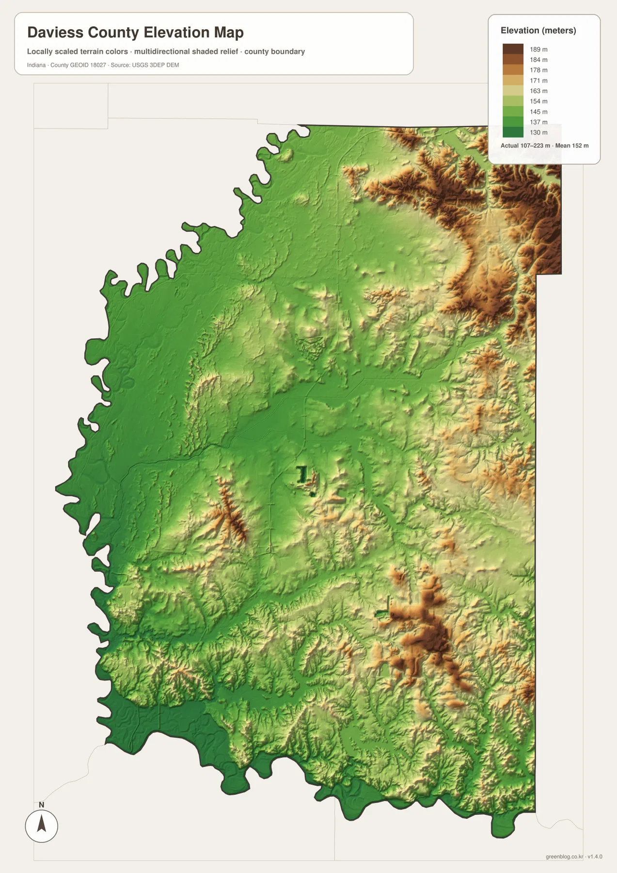 Daviess County Indiana elevation map showing terrain from about 107 to 223 meters with western lowlands and higher eastern ridges