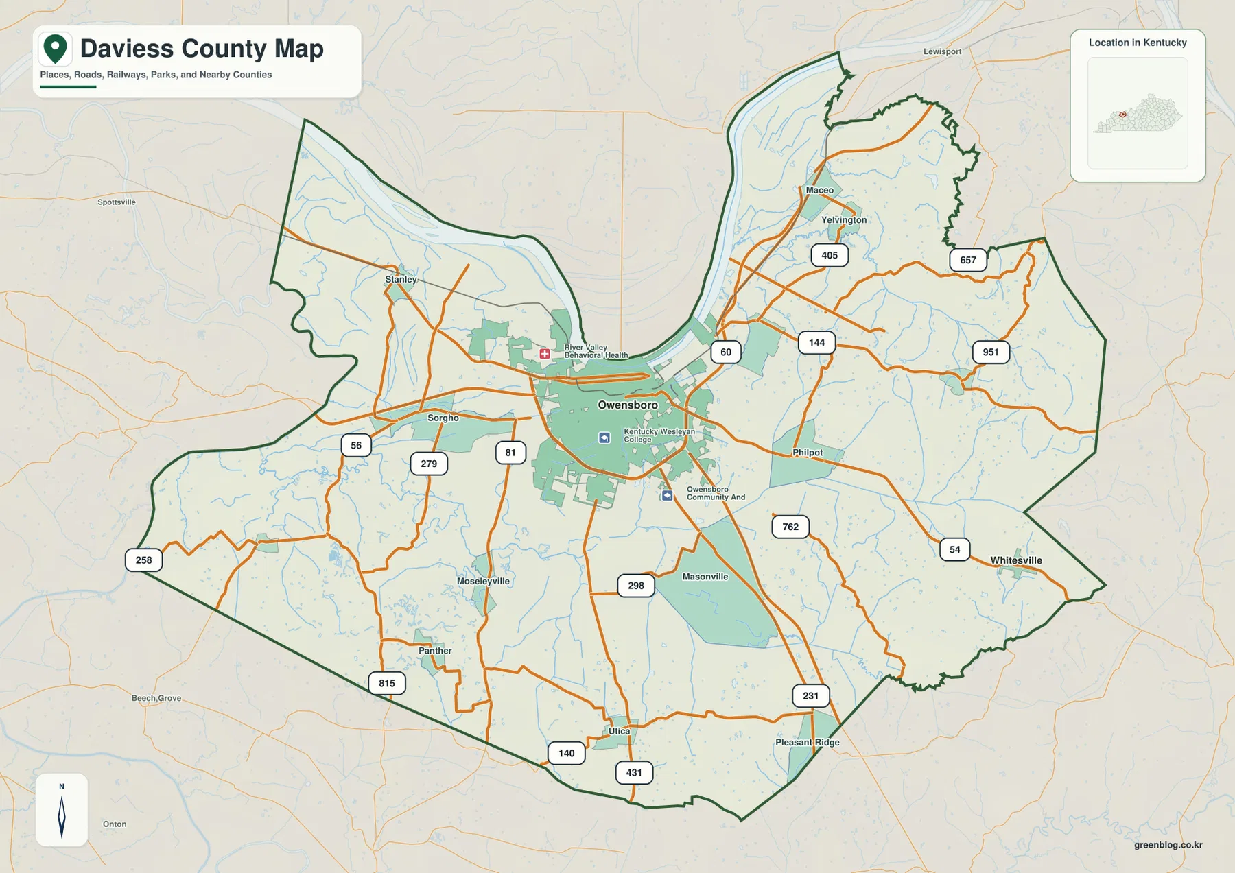 Daviess County Kentucky map showing Owensboro, Whitesville, Philpot, Sorgho, U.S. 60 and 231, and Kentucky routes 54, 56, 81, and 144