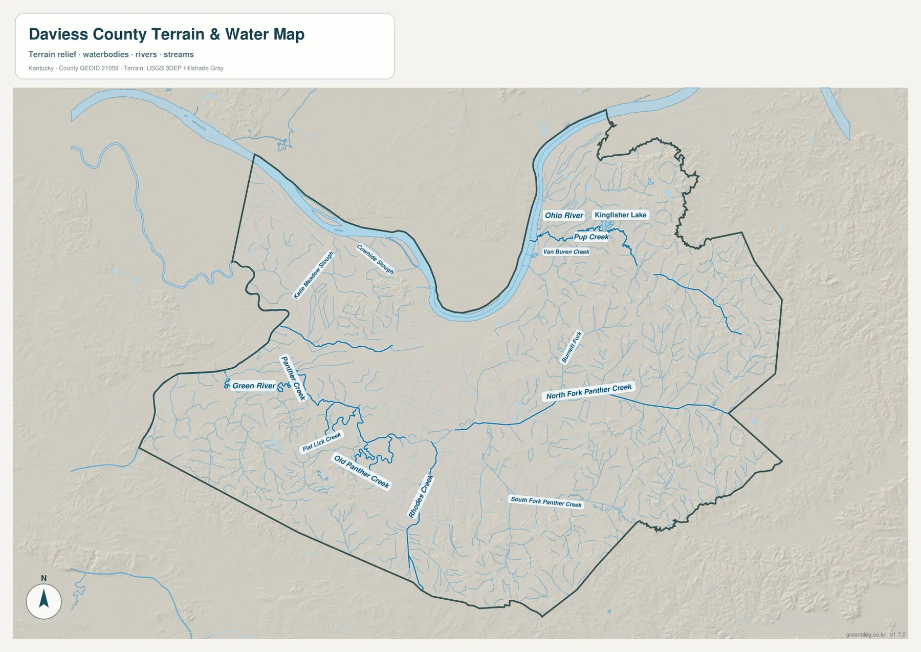 Daviess County terrain and water map showing the Ohio River, Green River, Panther Creek, North Fork Panther Creek, South Fork Panther Creek, Horse Creek, Burnett Fork, and Kingfisher Lake
