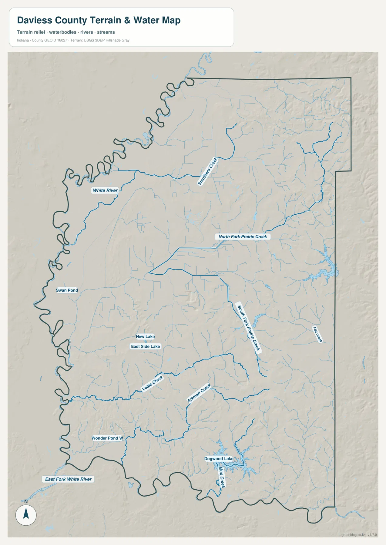 Daviess County terrain and water map showing the White River, Smothers Creek, Prairie Creek forks, Veale Creek, Alkman Creek, Mud Creek, and Dogwood Lake