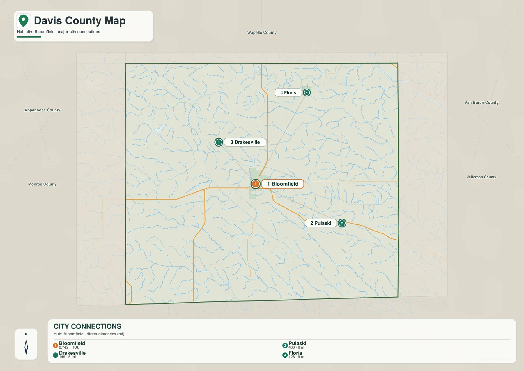 Davis County Iowa Bloomfield Pulaski Drakesville Floris 주요 도시 지도