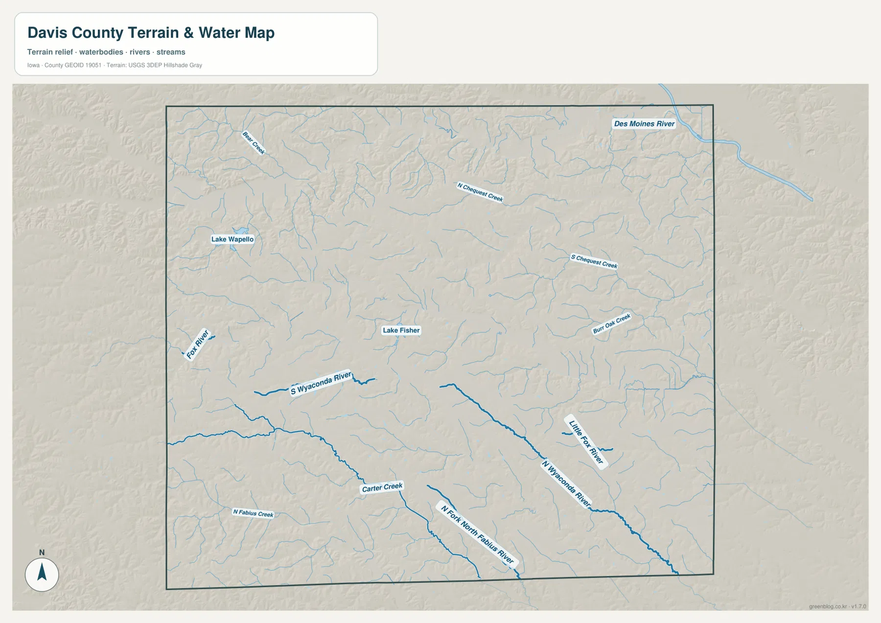 Davis County Iowa Wyaconda River Fox River Lake Wapello Lake Fisher 수역 지도