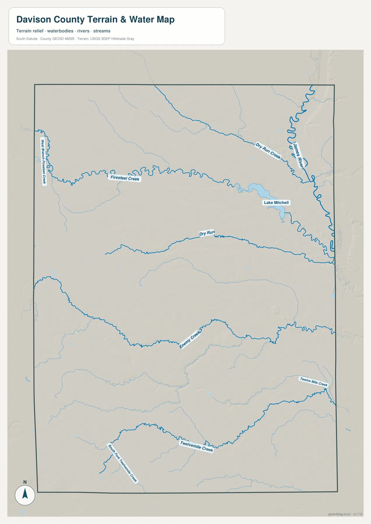 Lake Mitchell, Firesteel Creek, James River, Dry Run Creek, Enemy Creek와 Twelvemile Creek가 표시된 데이비슨 카운티 수역 지도