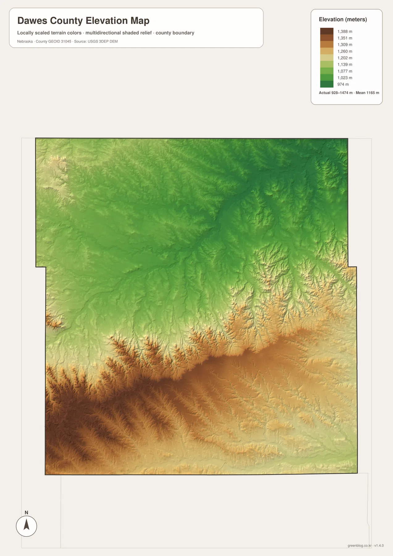 Dawes County elevation map showing the lower northern White River country and high southwestern Pine Ridge terrain