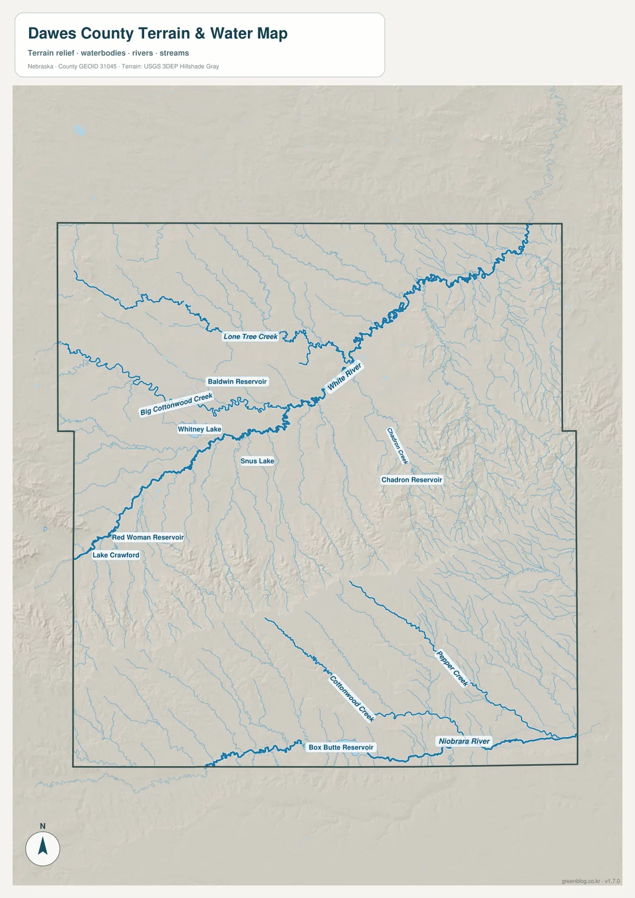 Dawes County water map showing White River, Niobrara River, Big Cottonwood Creek, Chadron Creek, Pepper Creek, lakes, and reservoirs