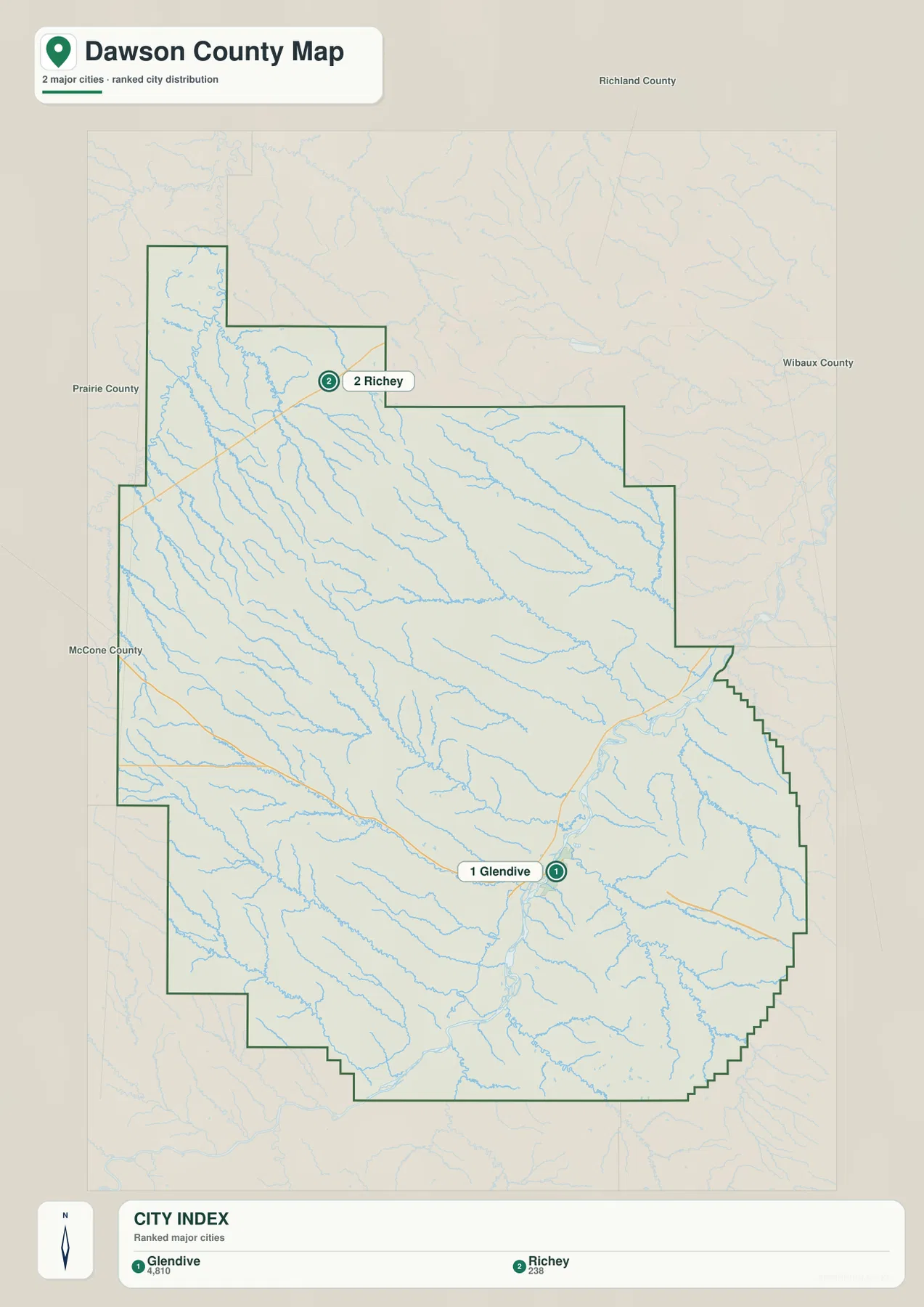 Dawson County city map highlighting Glendive and Richey as the two ranked cities