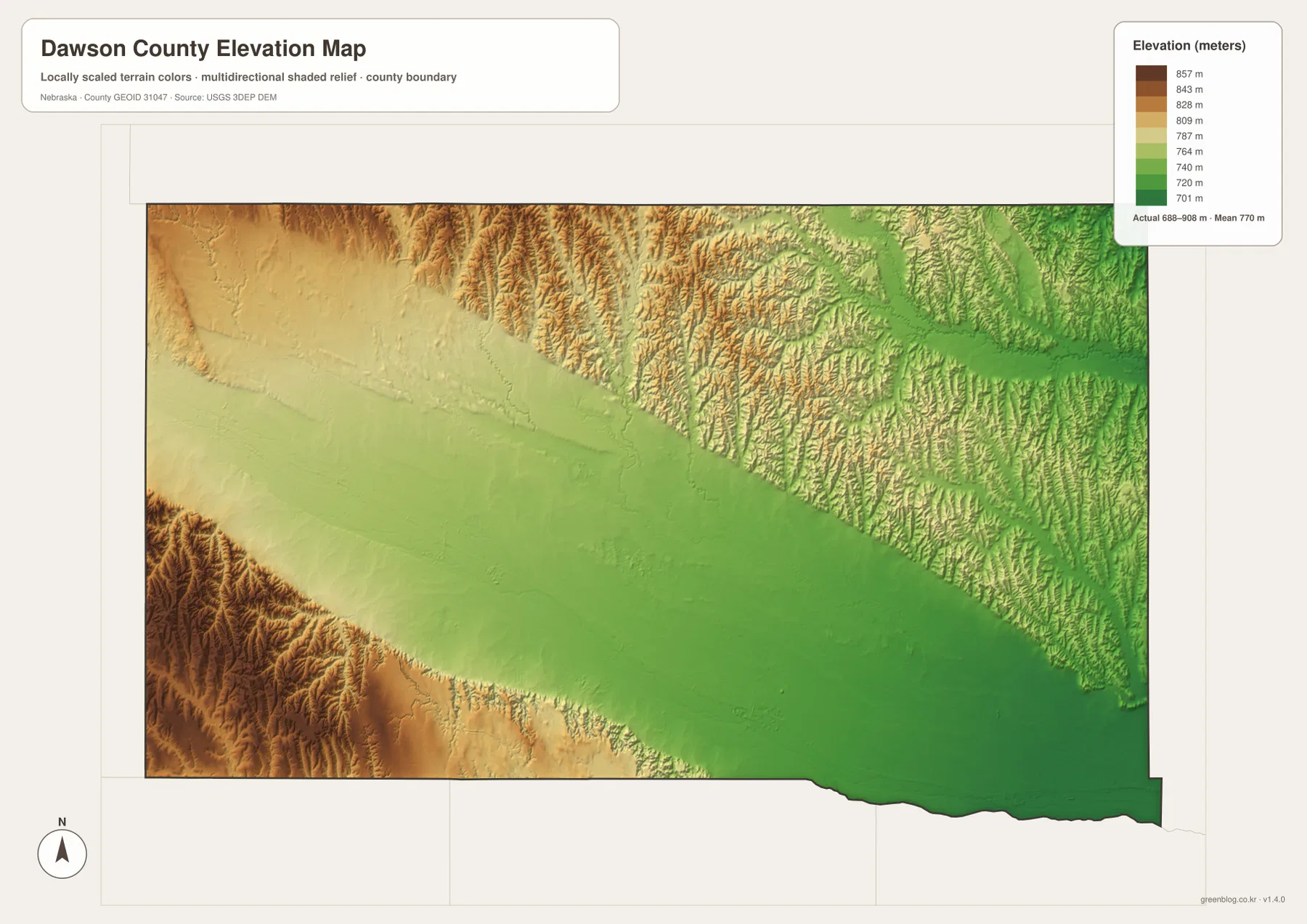 Dawson County elevation map showing the low Platte River plain and higher western, northwestern, and southwestern terrain