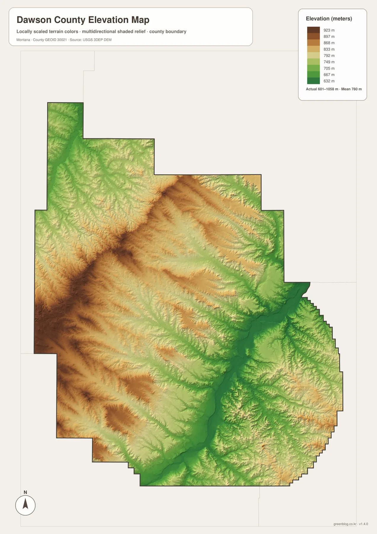 Dawson County Montana elevation map showing an actual range of 601 to 1058 meters and a mean of 780 meters