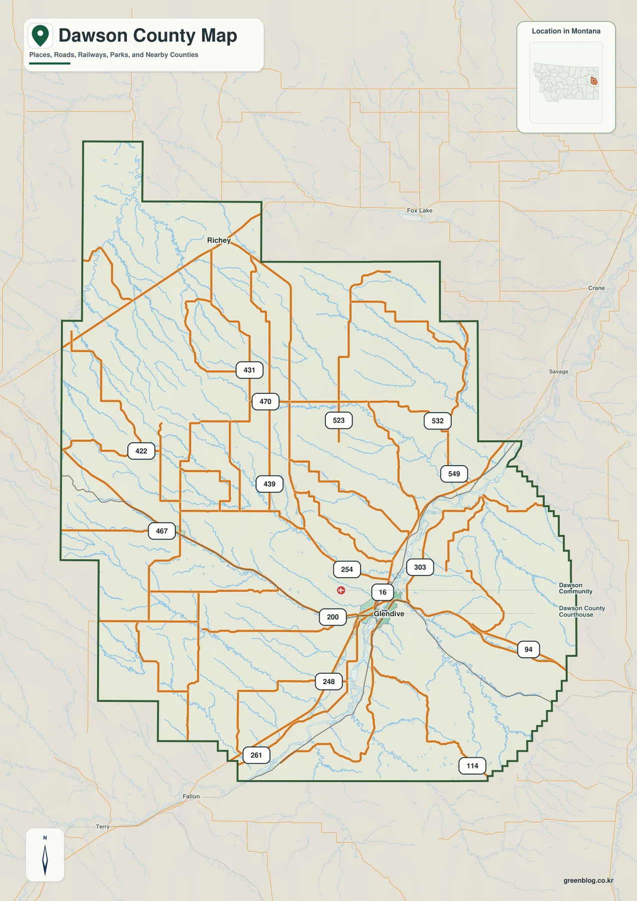 Dawson County Montana map showing Glendive, Richey, I-94, Route 16, and major local roads