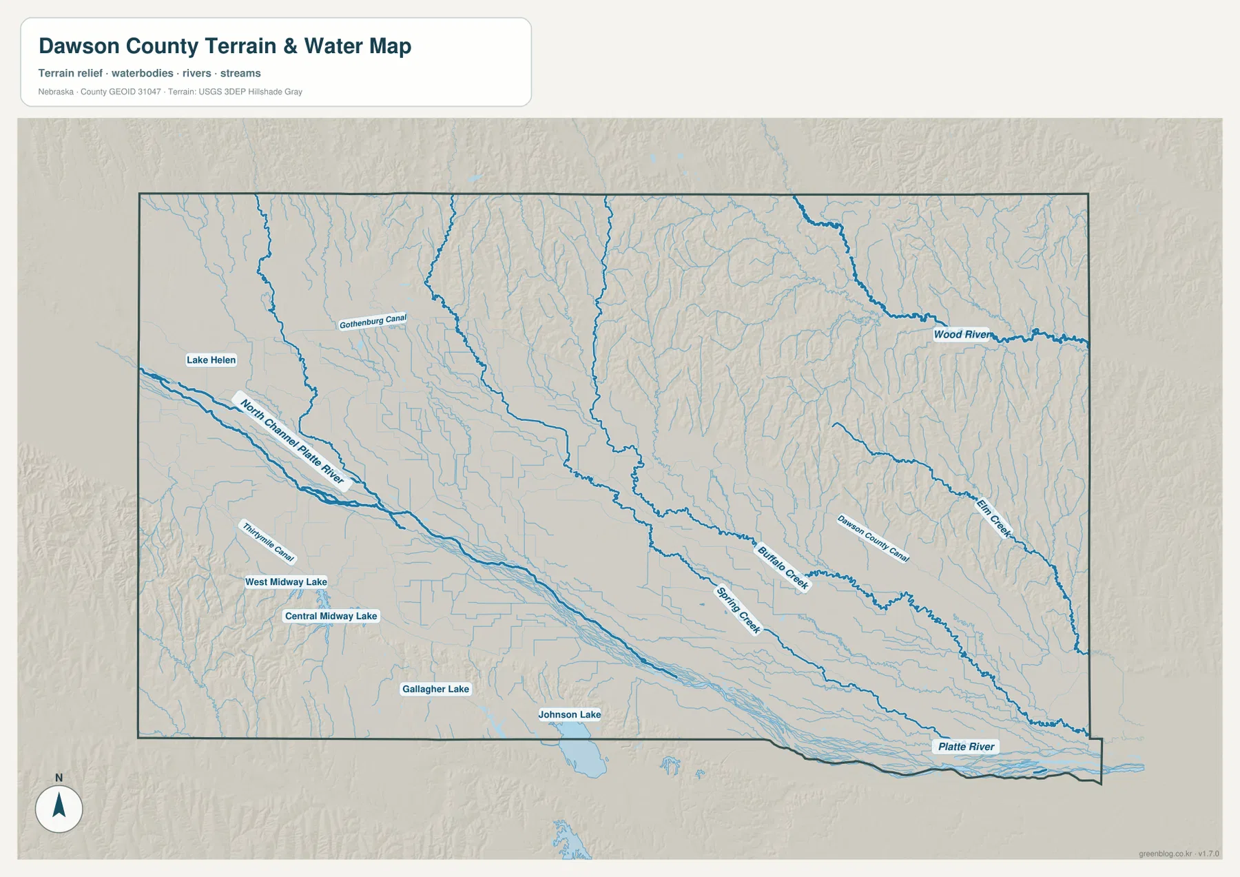 Dawson County water map showing Platte River, North Channel Platte River, Buffalo Creek, Spring Creek, Wood River, canals, and lakes
