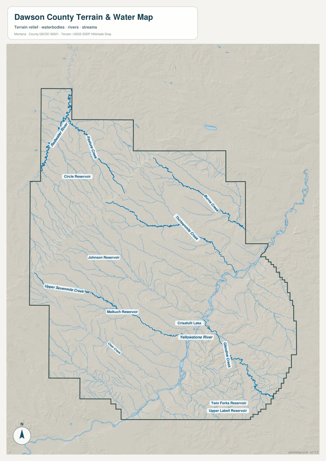 Dawson County terrain and water map showing Yellowstone River, Redwater River, Burns Creek, Thirteenmile Creek, and reservoirs