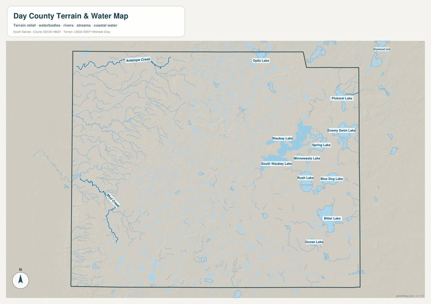 Waubay Lake, Enemy Swim Lake, Pickerel Lake, Bitter Lake, Rush Lake, Blue Dog Lake와 여러 수역이 표시된 Day County 지도