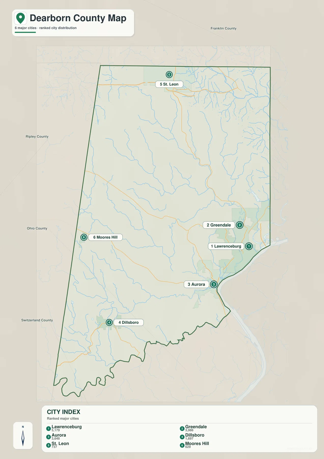 Dearborn County city distribution map showing ranked locations of Lawrenceburg, Greendale, Aurora, Dillsboro, St. Leon, and Moores Hill