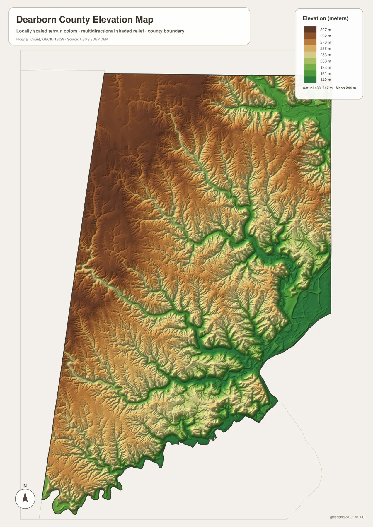 Dearborn County Indiana elevation map showing an actual range of about 138 to 317 meters, low river valleys, and higher western and northwestern ridges