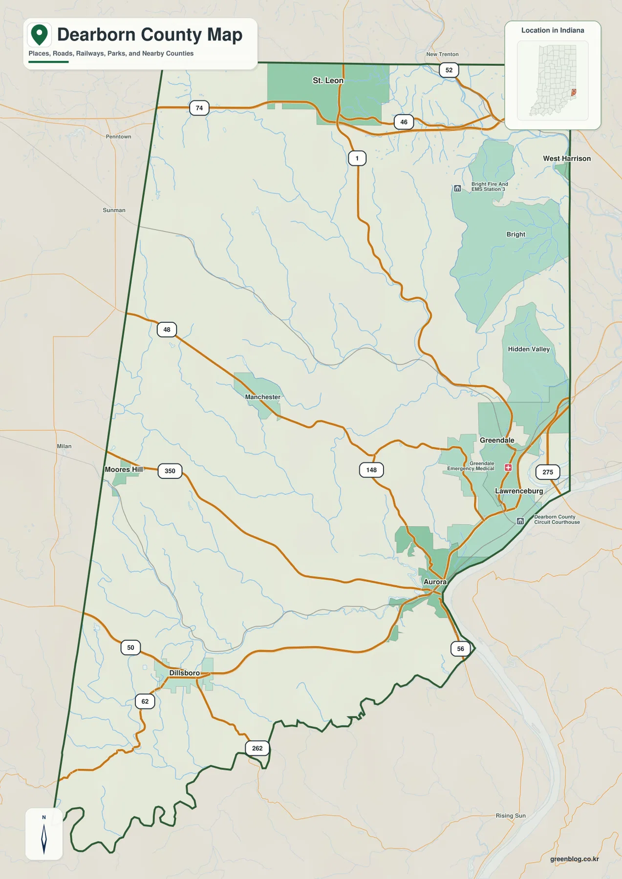 Dearborn County Indiana general map showing Lawrenceburg, Greendale, Aurora, St. Leon, Dillsboro, major roads, waterways, and county boundary