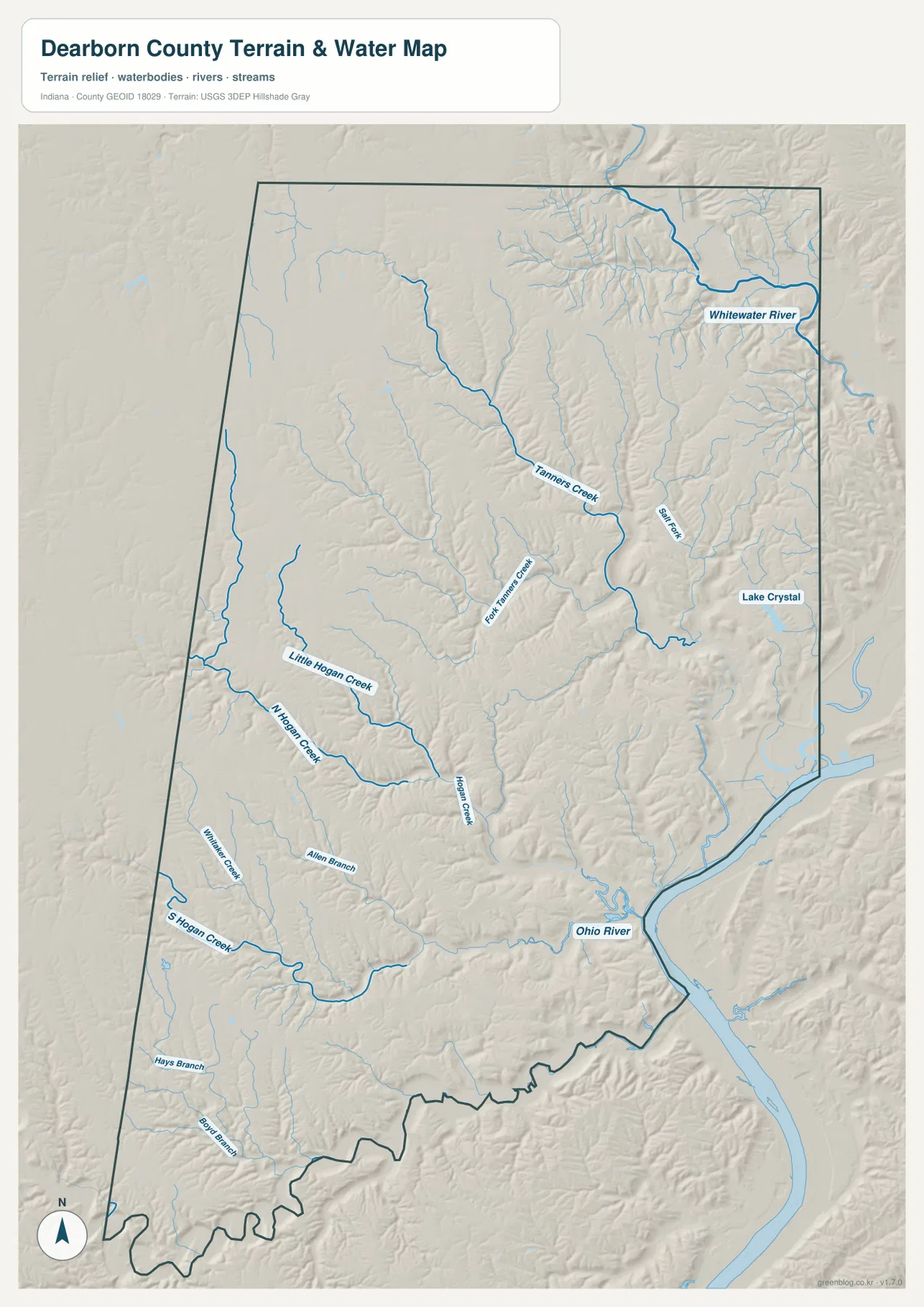Dearborn County terrain and water map showing the Ohio River, Whitewater River, Tanners Creek, Hogan Creek branches, Lake Crystal, and shaded relief