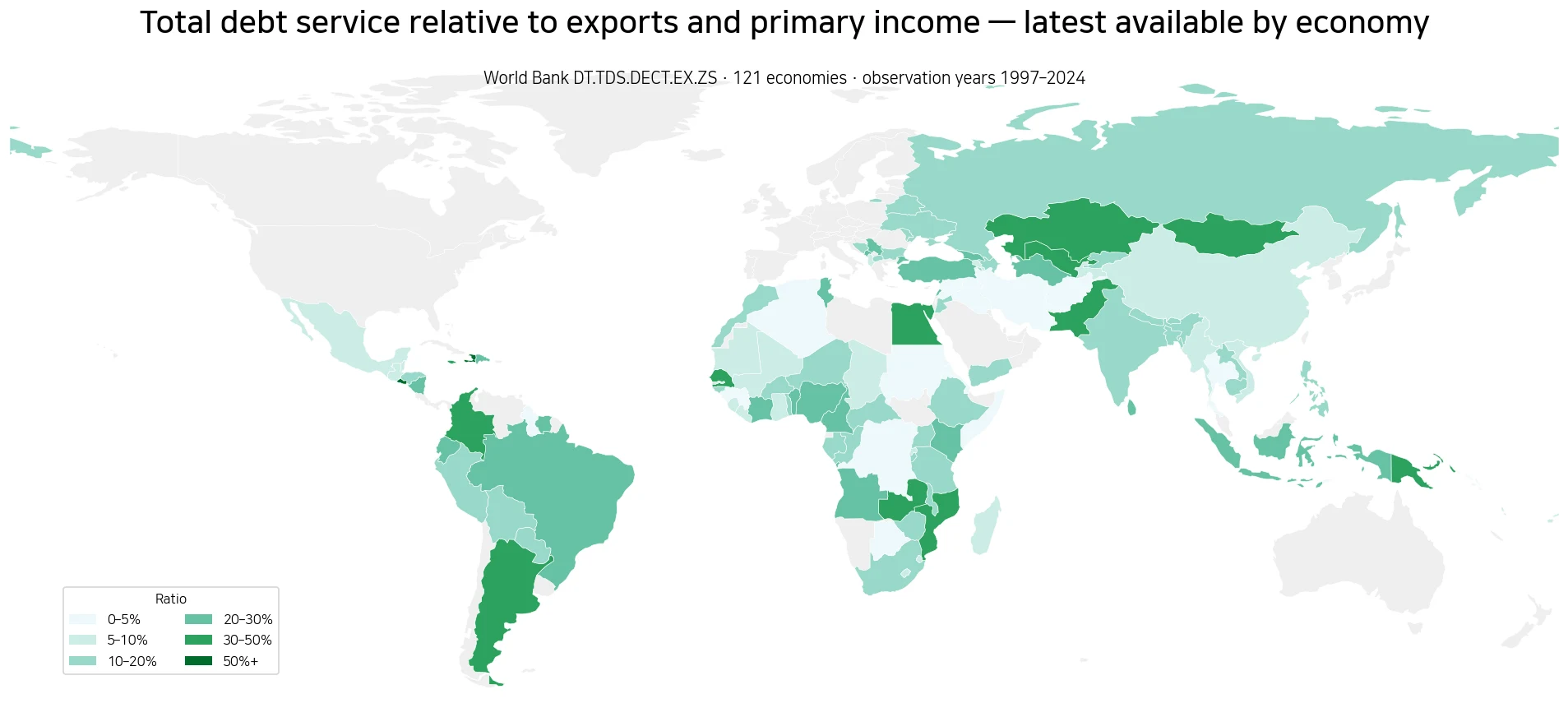 Map of total debt service relative to exports and primary income by economy
